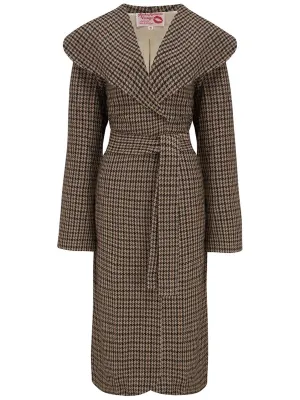 Classic Brown 1940s 1950s Style Houndstooth Wrap Coat