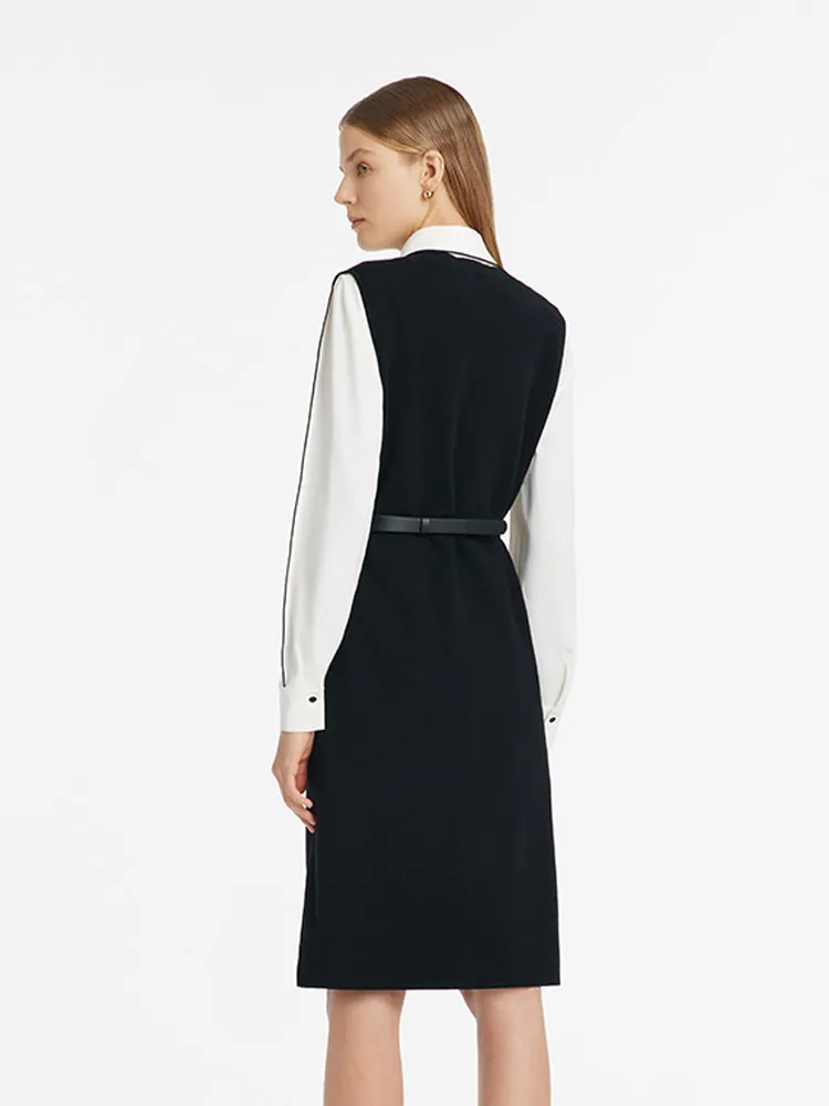 Contrast Trim Shirt And Knitted Vest Dress Two-Piece Set