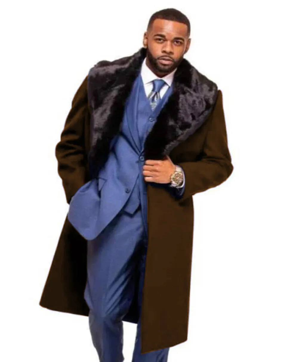 Dark Navy Blue Overcoat ~ Long men's Dress Topcoat - Winter coat With Fur Collar And Wool Fabric