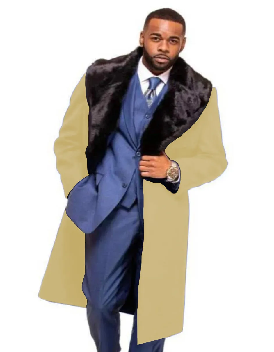 Dark Navy Blue Overcoat ~ Long men's Dress Topcoat - Winter coat With Fur Collar And Wool Fabric