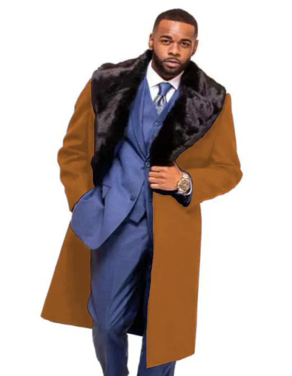 Dark Navy Blue Overcoat ~ Long men's Dress Topcoat - Winter coat With Fur Collar And Wool Fabric