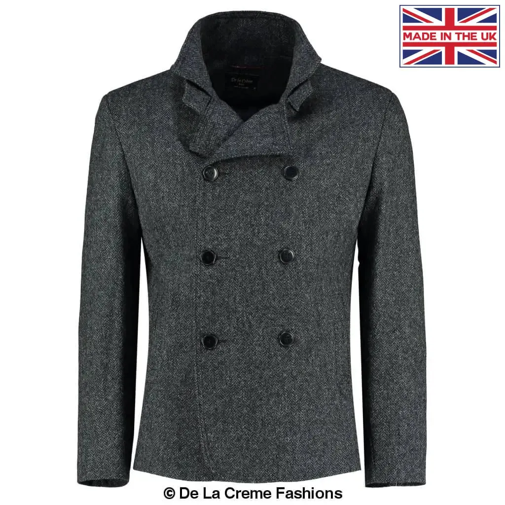 De La Creme MAN - Herringbone Tweed Blend Short Reefer Coat