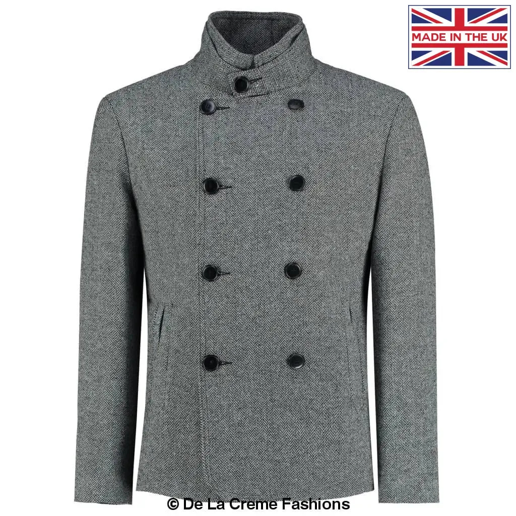 De La Creme MAN - Herringbone Tweed Blend Short Reefer Coat