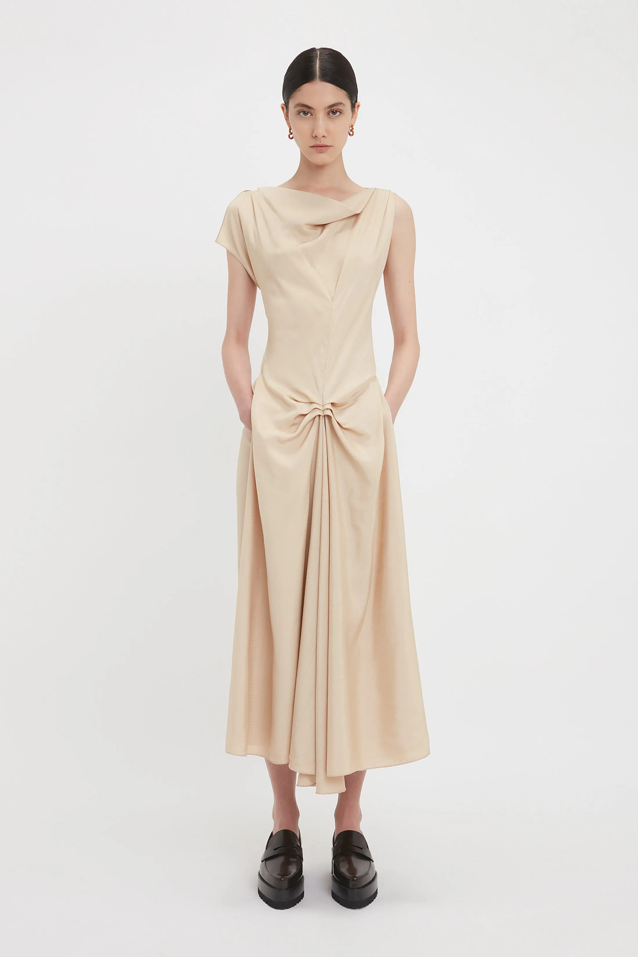 Deconstructed Gathered Waist Midi Dress In Pink Mist