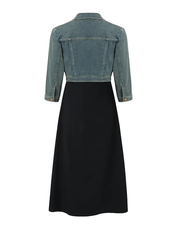 Denim Crop Jacket And Knitted Vest Dress Two-Piece Set