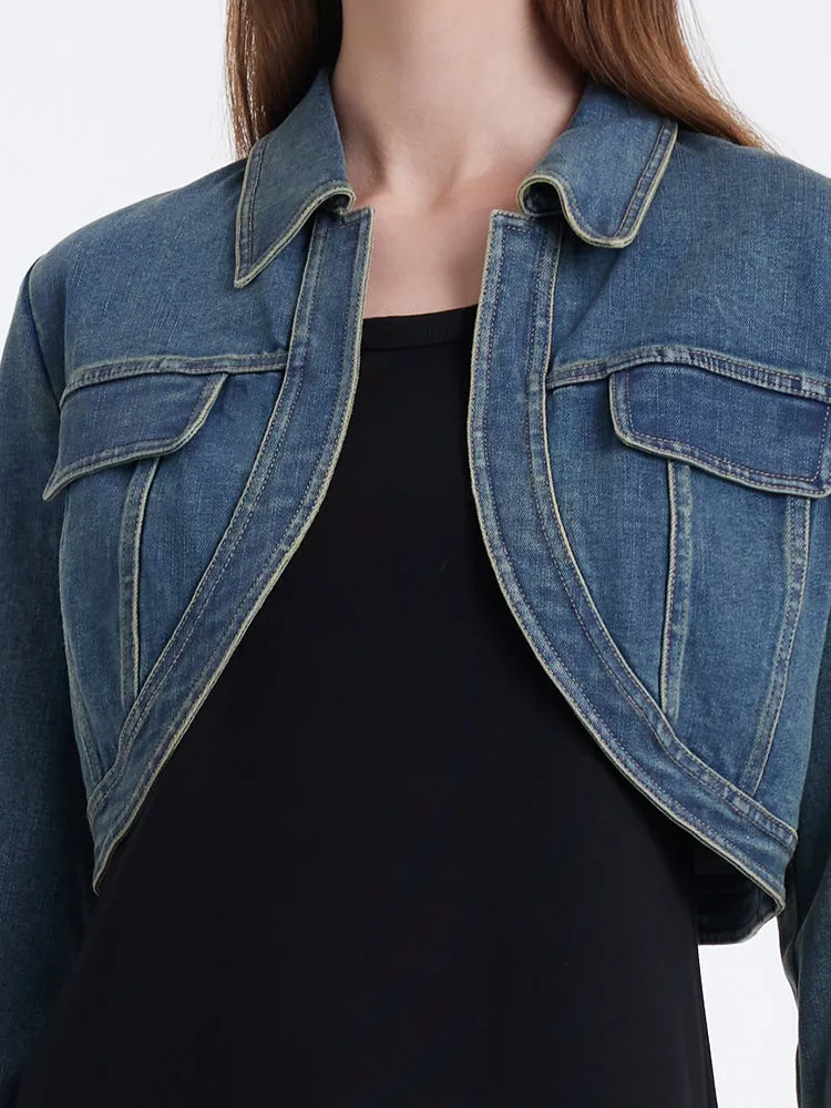 Denim Crop Jacket And Knitted Vest Dress Two-Piece Set