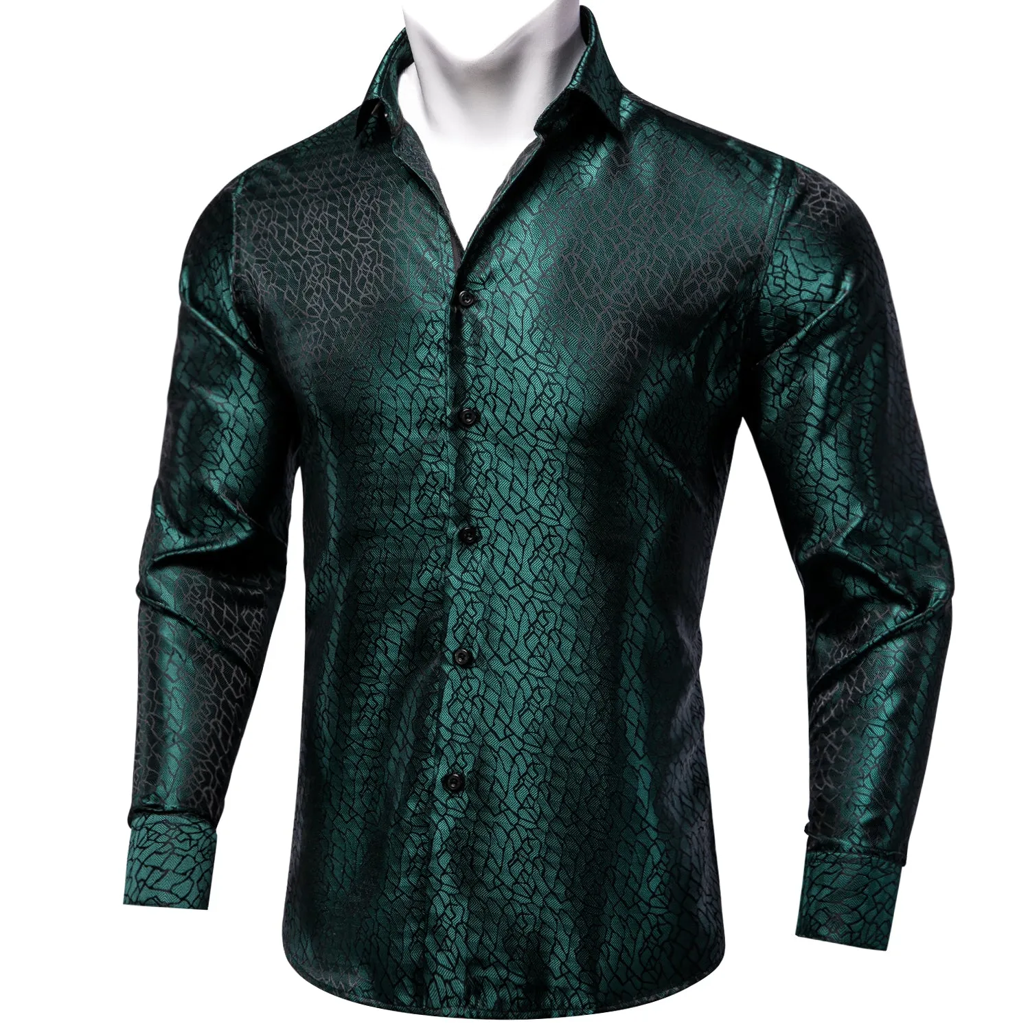 DiBanGu Dress Shirt Sapphire Pine Green Solid Silk Men's Button Down Shirt