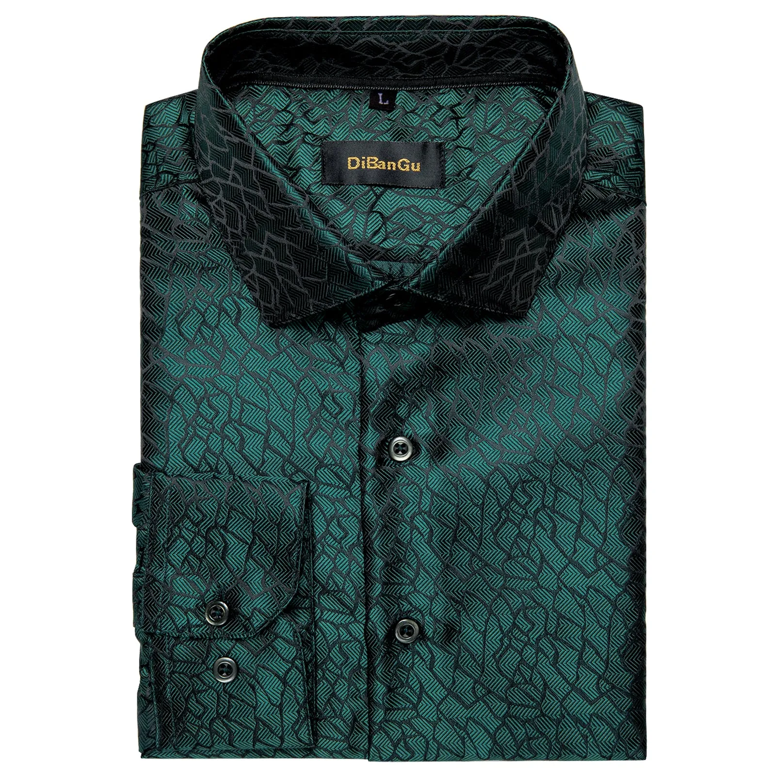 DiBanGu Dress Shirt Sapphire Pine Green Solid Silk Men's Button Down Shirt