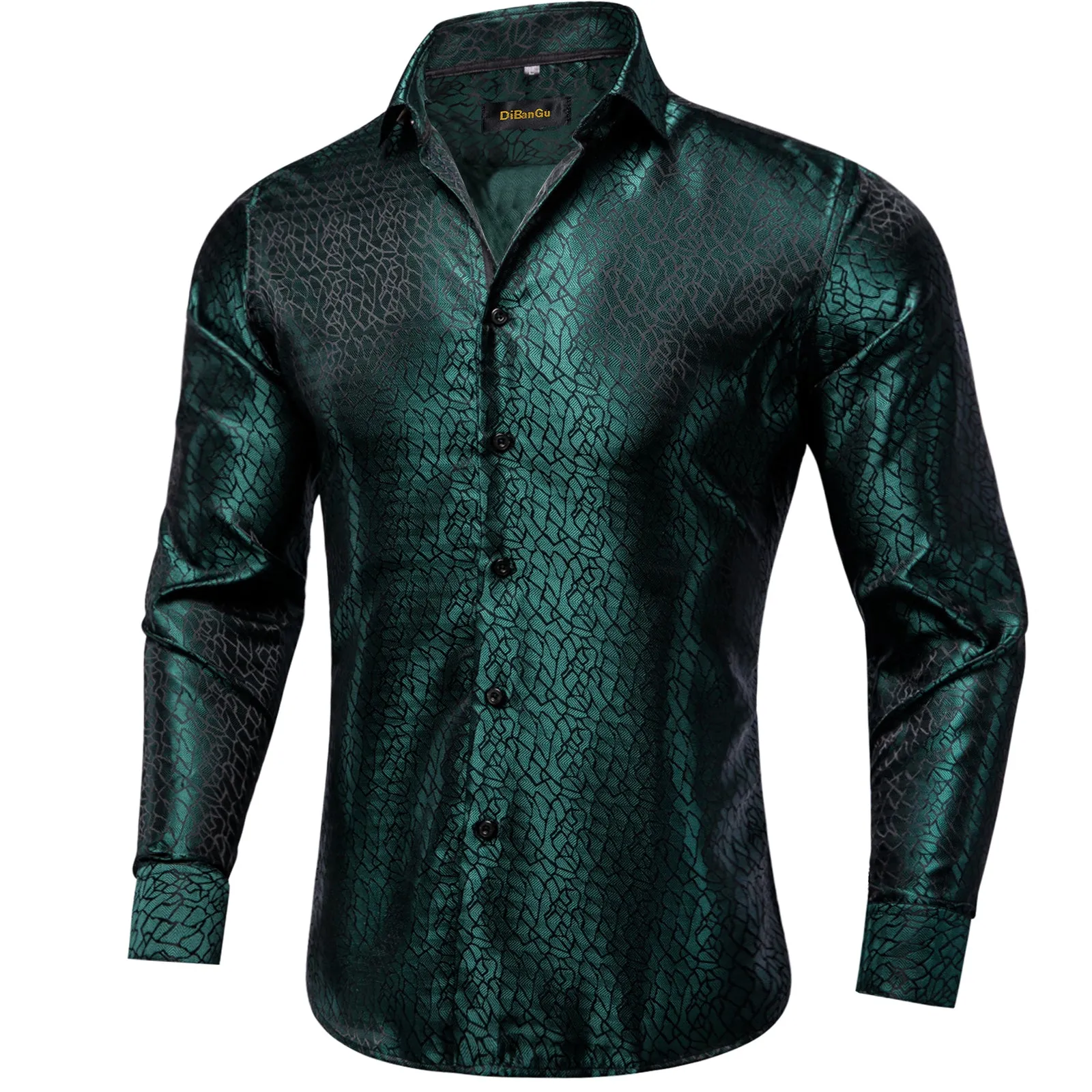 DiBanGu Dress Shirt Sapphire Pine Green Solid Silk Men's Button Down Shirt