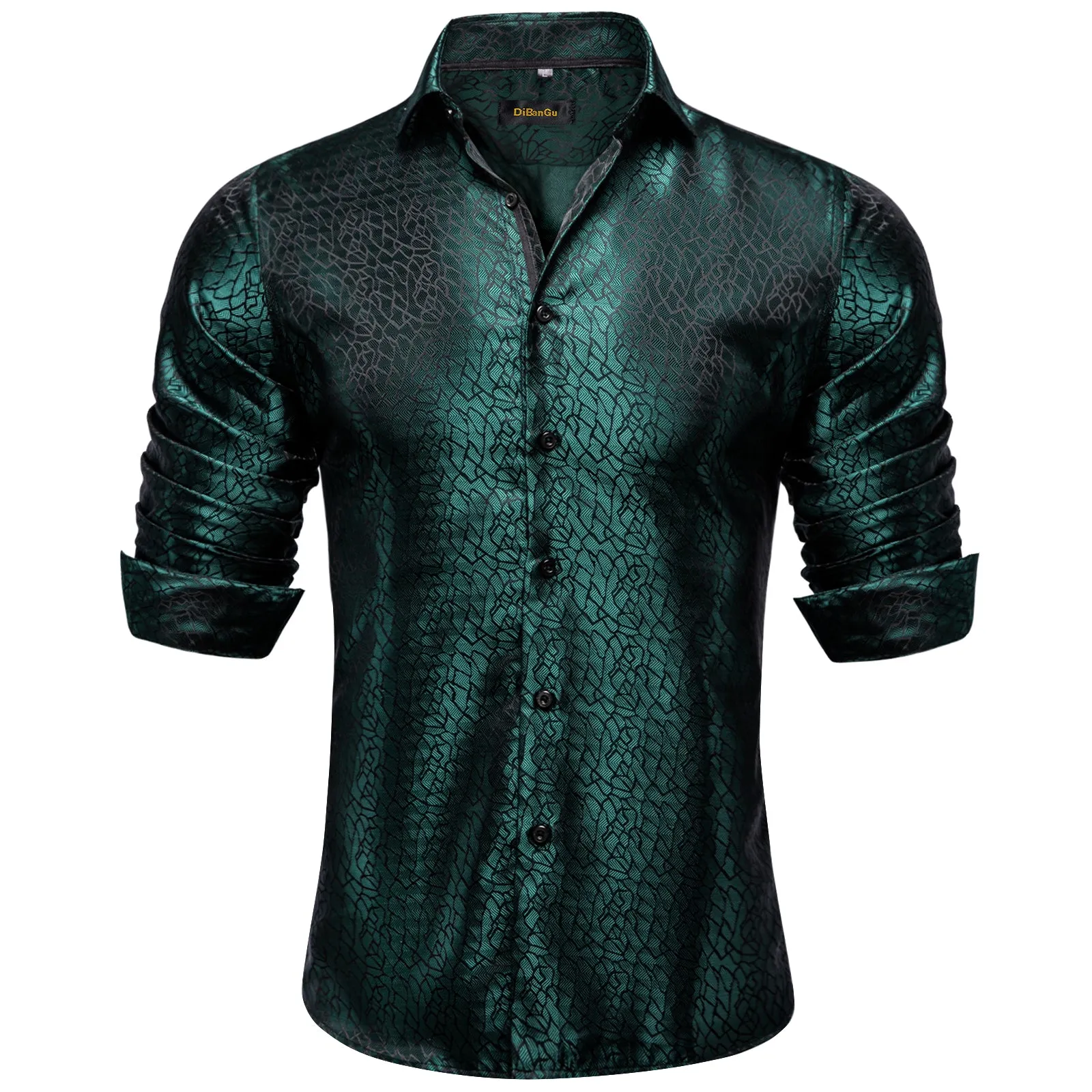 DiBanGu Dress Shirt Sapphire Pine Green Solid Silk Men's Button Down Shirt