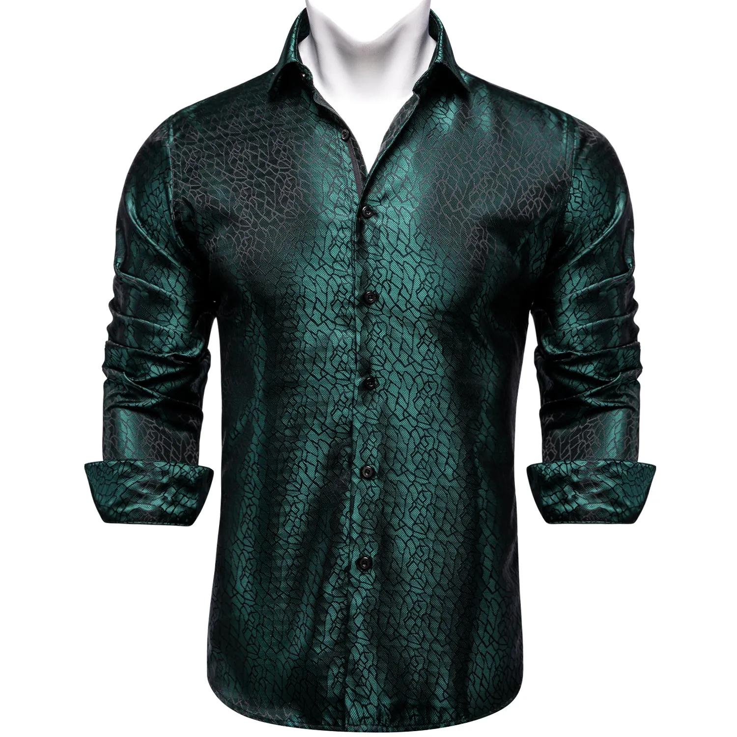 DiBanGu Dress Shirt Sapphire Pine Green Solid Silk Men's Button Down Shirt