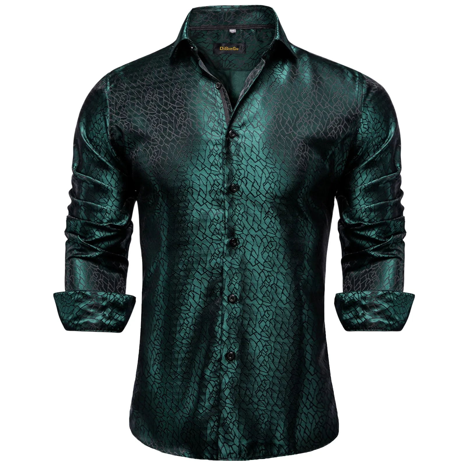 DiBanGu Dress Shirt Sapphire Pine Green Solid Silk Men's Button Down Shirt