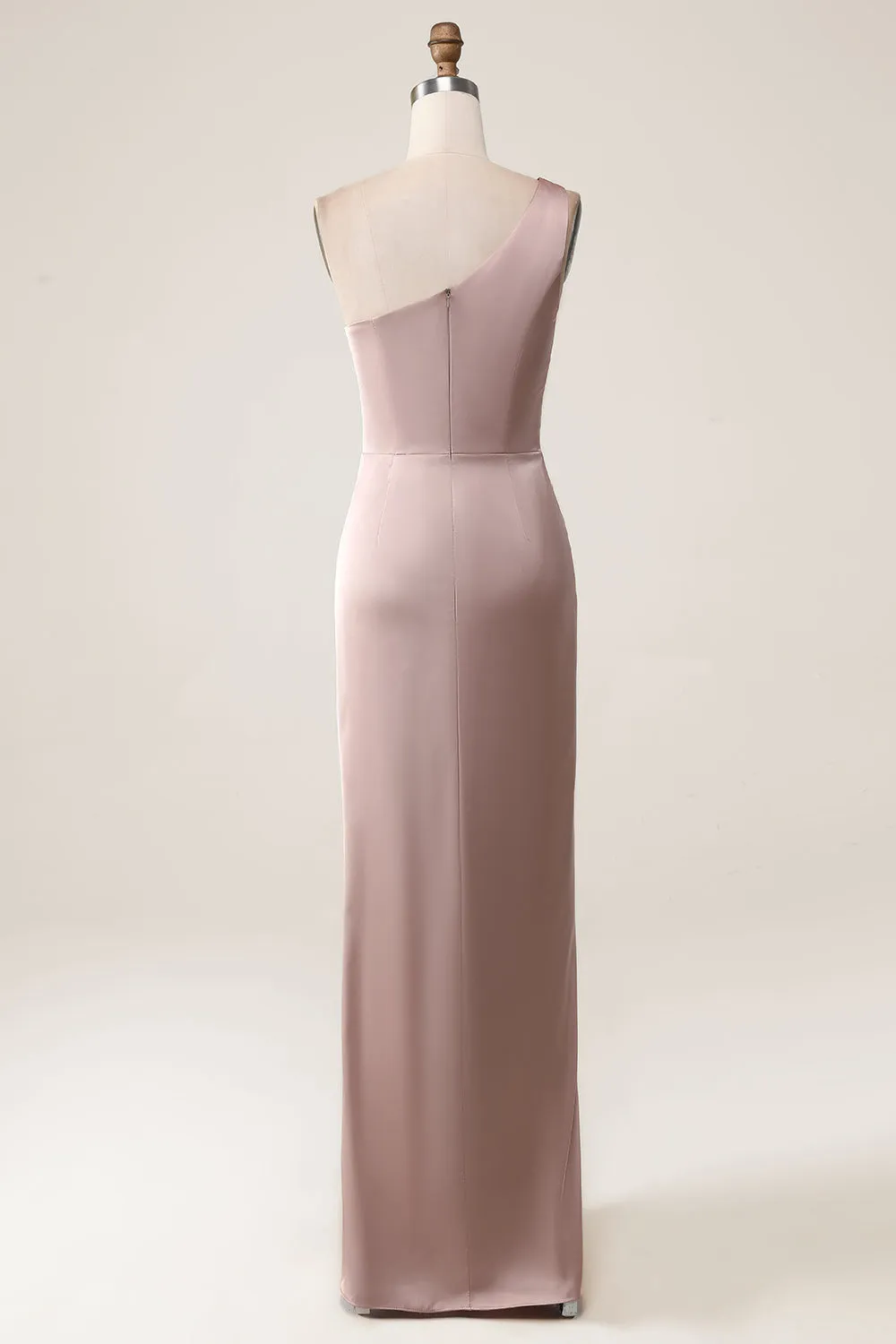 Dusty Rose Mermaid One Shoulder Pleated Satin Maxi Dress with Slit