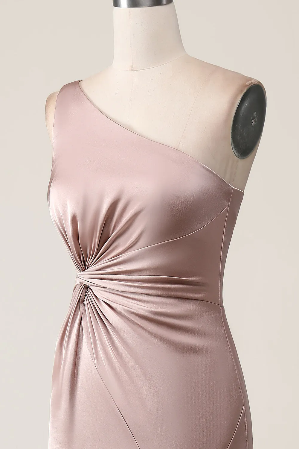 Dusty Rose Mermaid One Shoulder Pleated Satin Maxi Dress with Slit