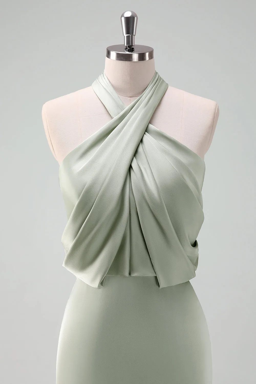 Dusty Sage Halter Sheath Satin Maxi Dress