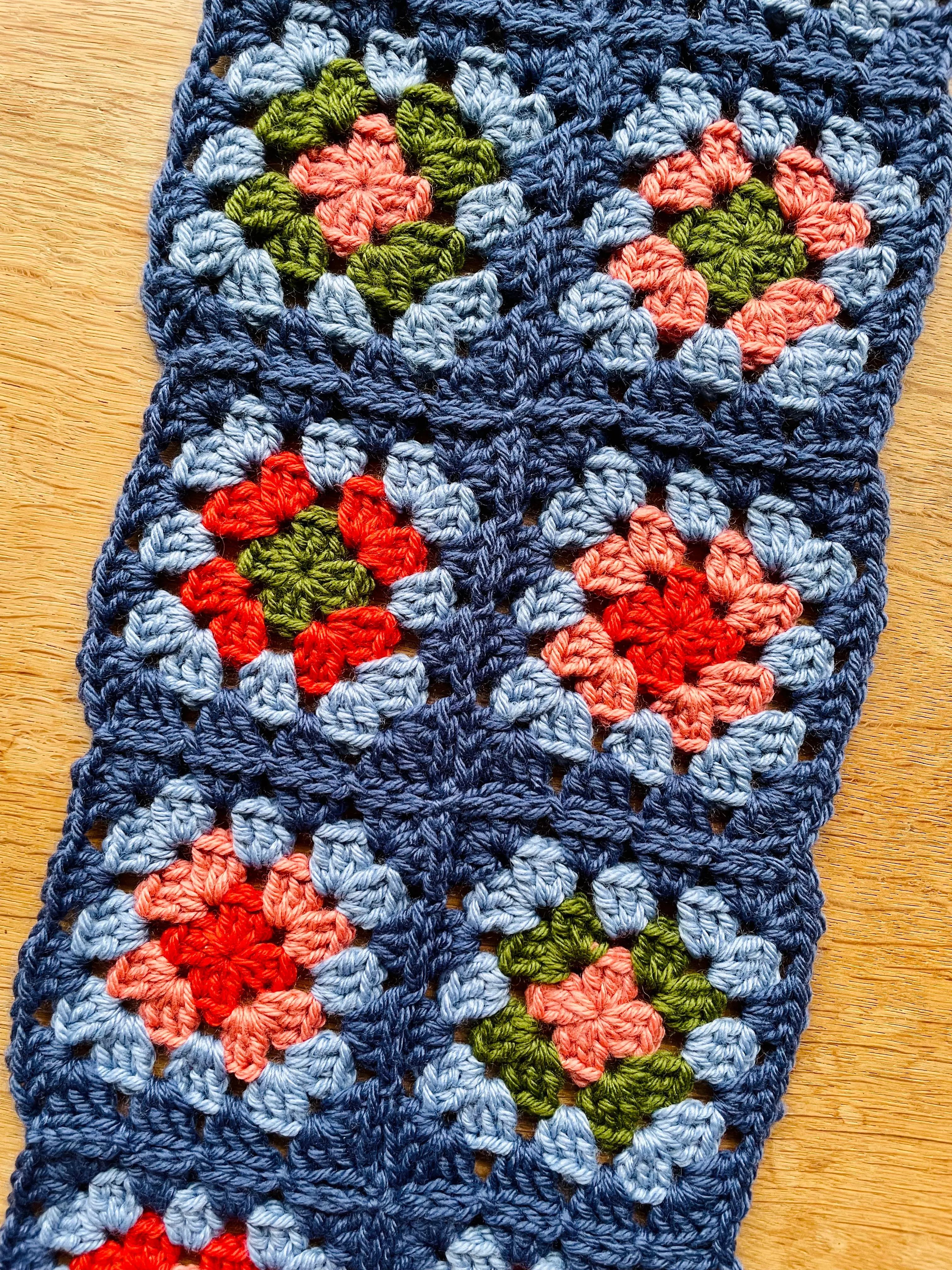 EARLYMADE Hand-knitted Granny Squares Scarf — MULTI / BLUE — UNIQUE — LAST PIECE