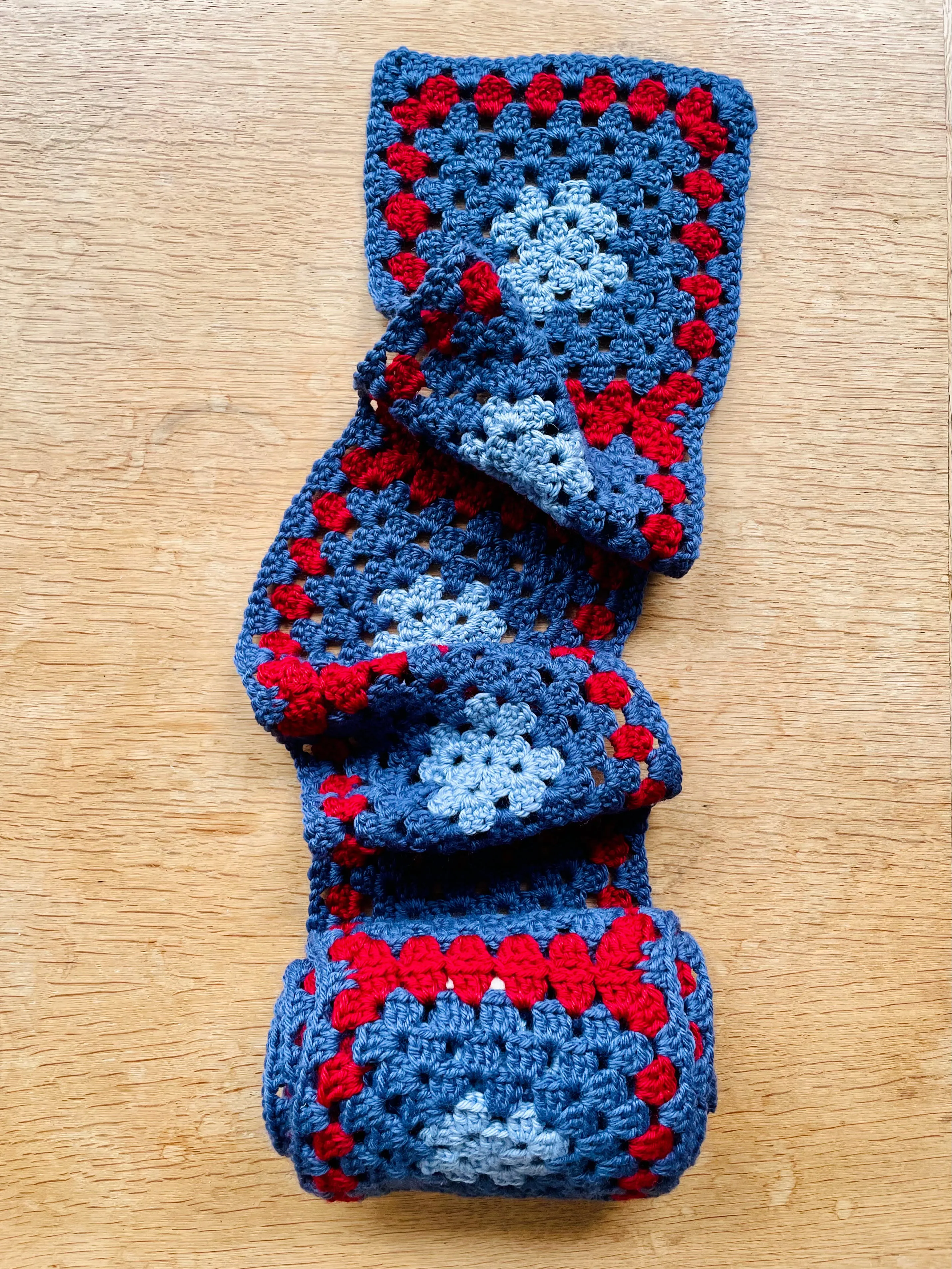 EARLYMADE Hand-knitted Granny Squares Scarf — SKY BLUE / RED / BLUE — UNIQUE — LAST PIECE