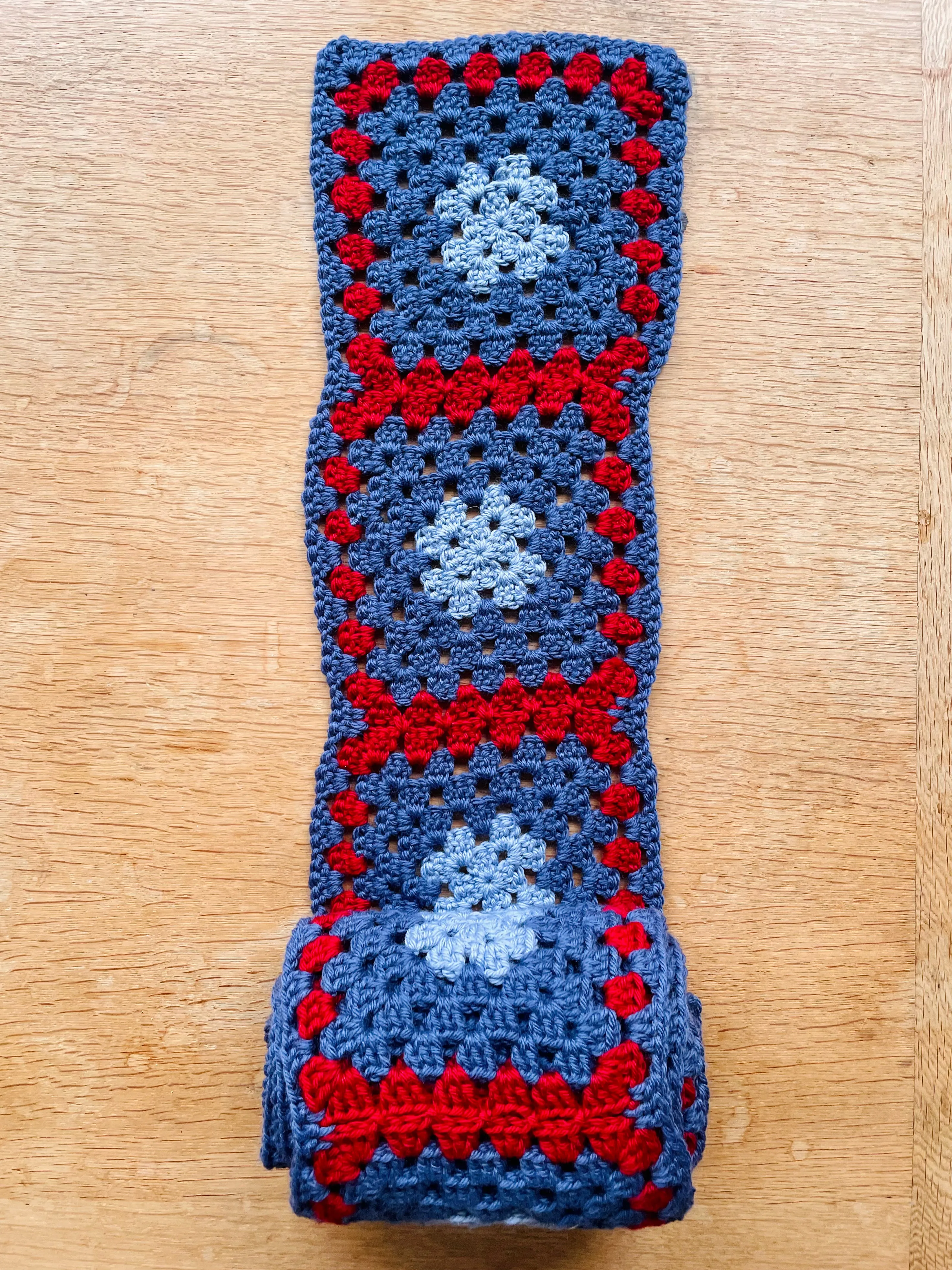 EARLYMADE Hand-knitted Granny Squares Scarf — SKY BLUE / RED / BLUE — UNIQUE — LAST PIECE