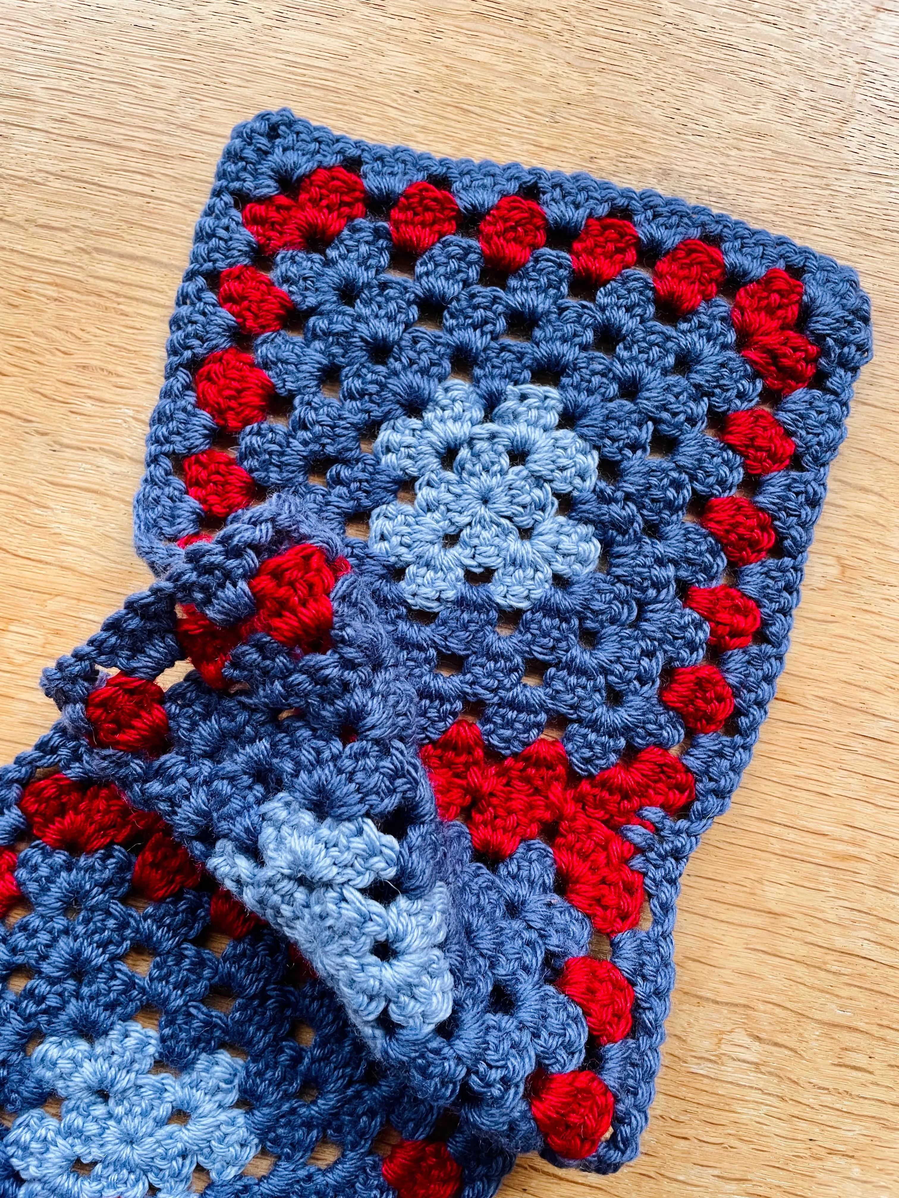 EARLYMADE Hand-knitted Granny Squares Scarf — SKY BLUE / RED / BLUE — UNIQUE — LAST PIECE