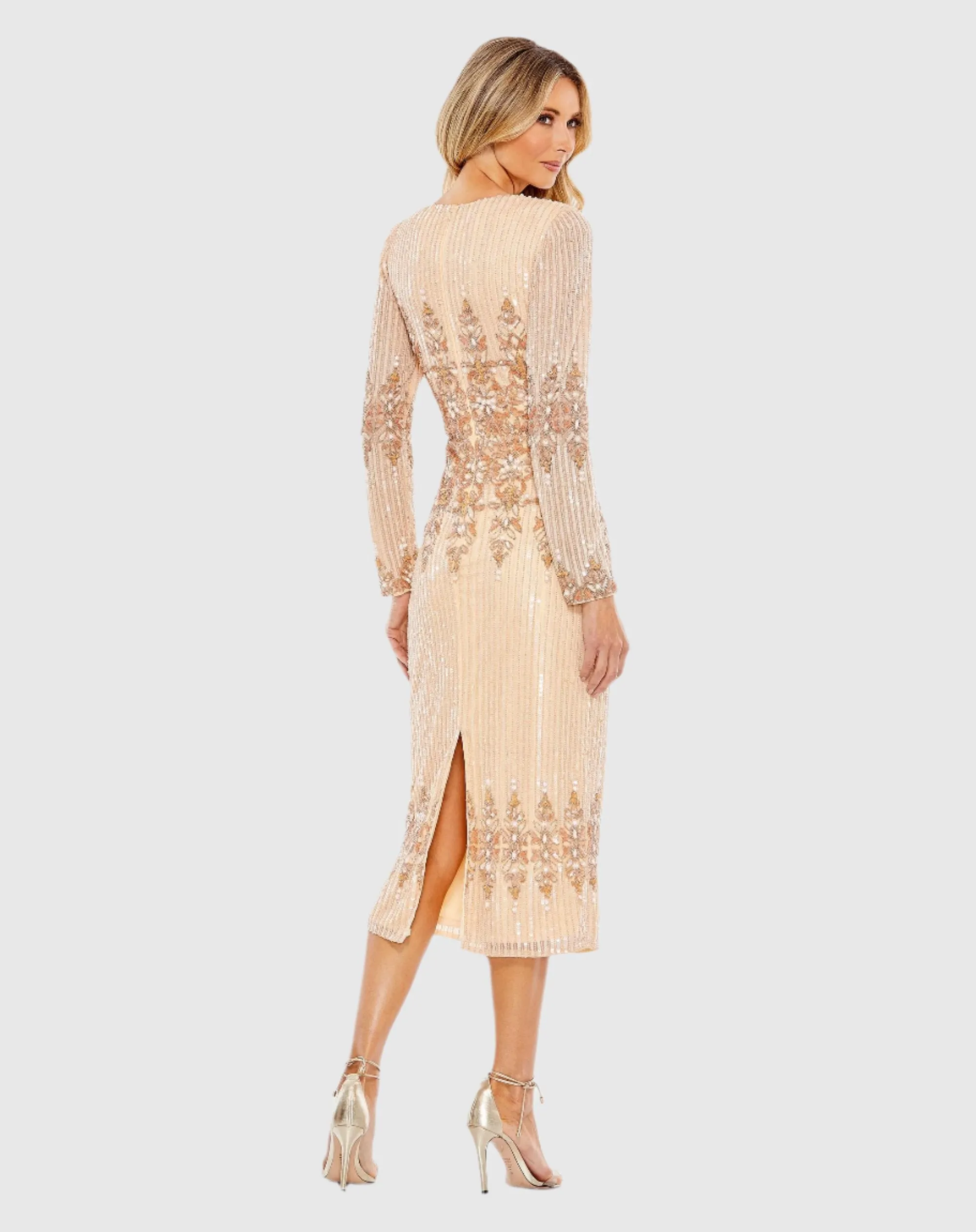 Embellished Long Sleeve High Neck Column Dress