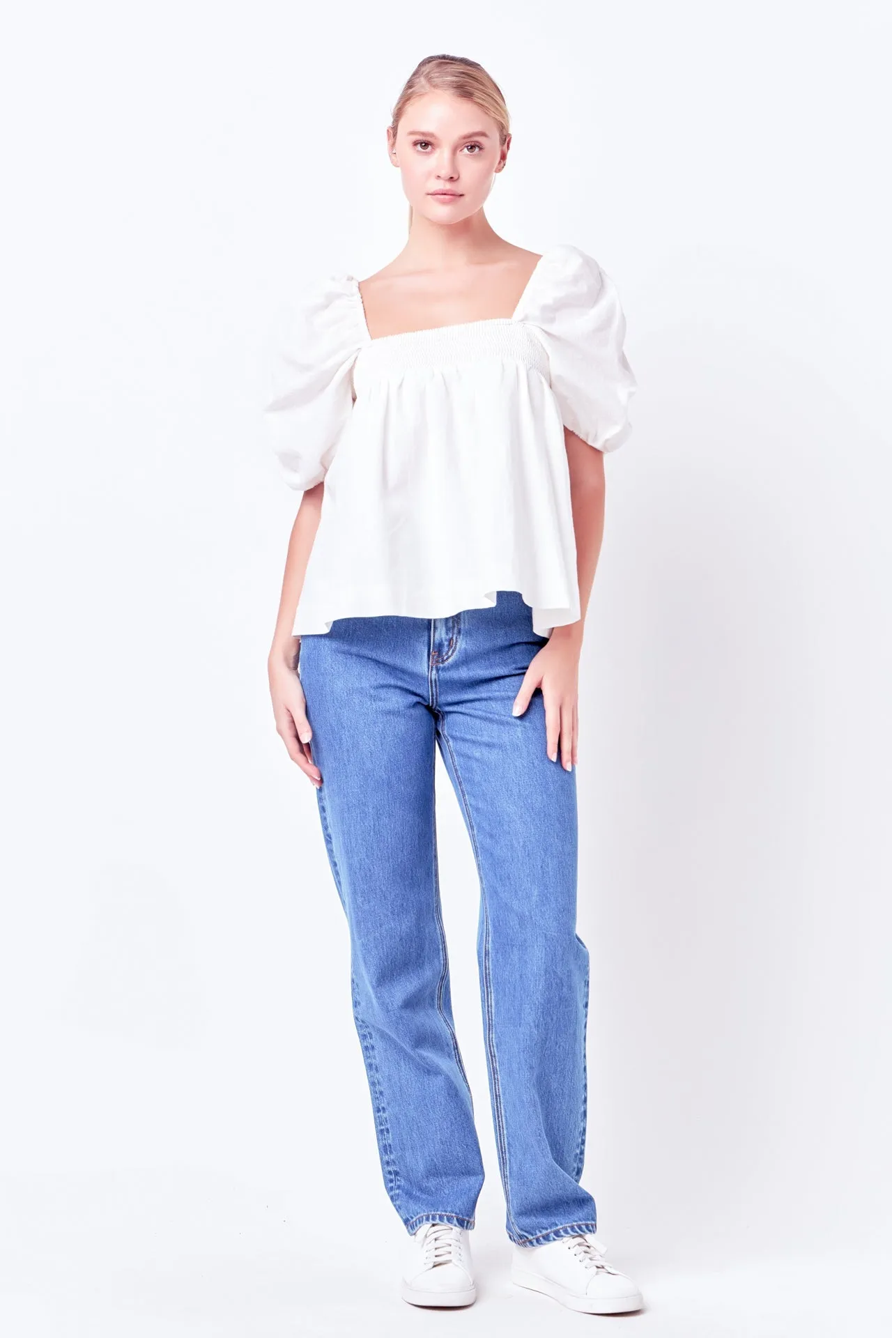 English Factory - Linen Ruched Sleeve Top