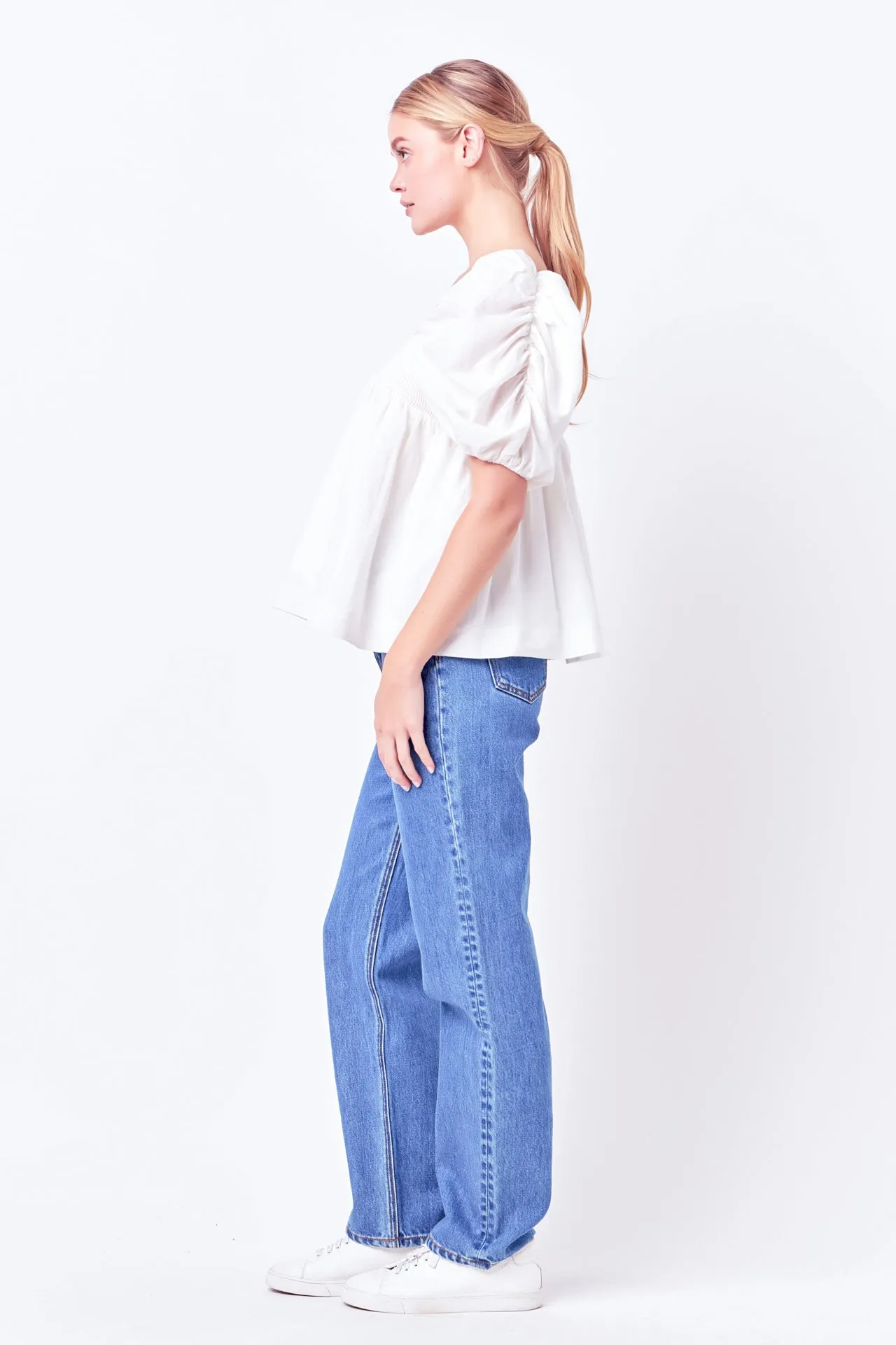 English Factory - Linen Ruched Sleeve Top