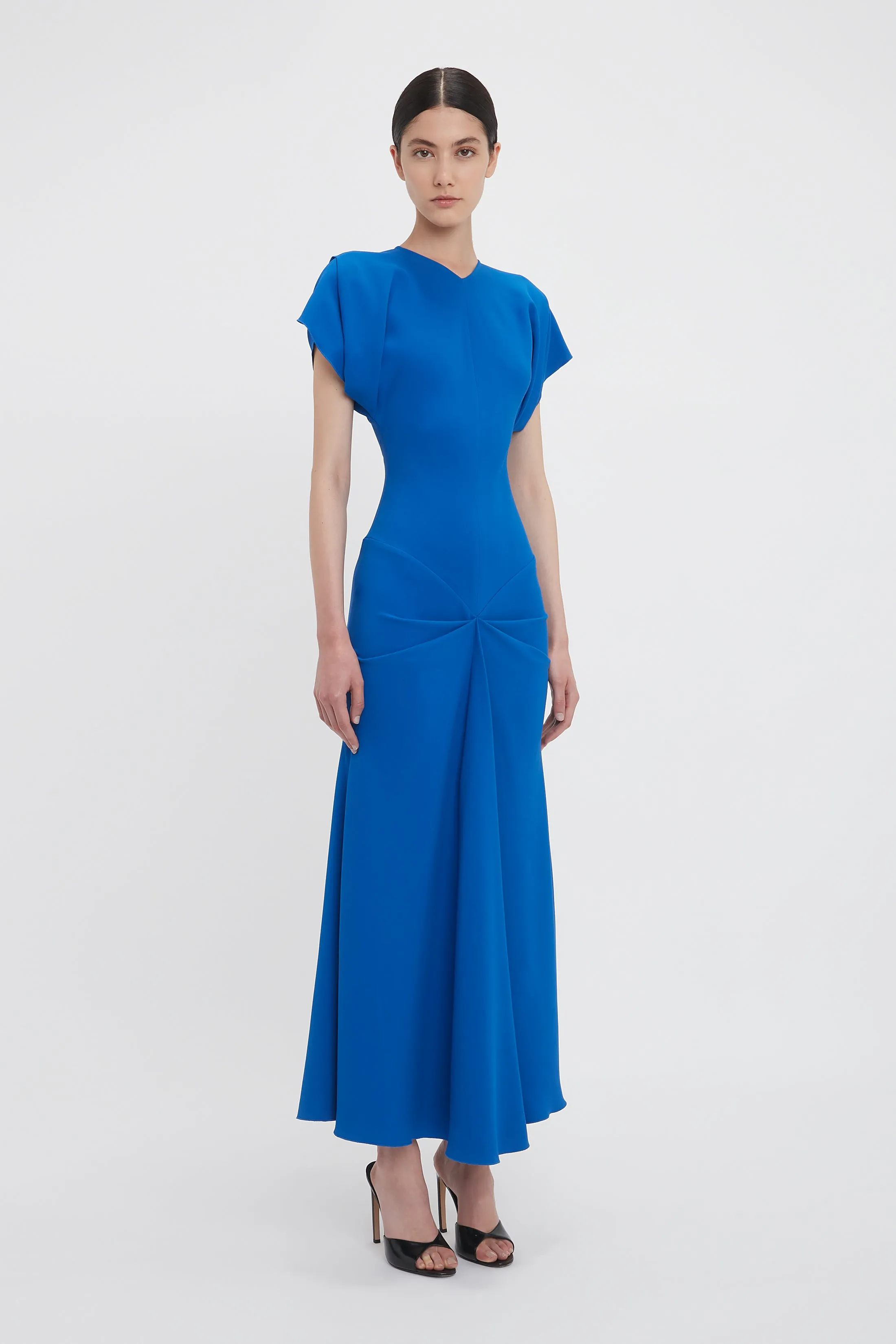 Exclusive Drape Sleeve Gathered Waist Midi In Bright Blue