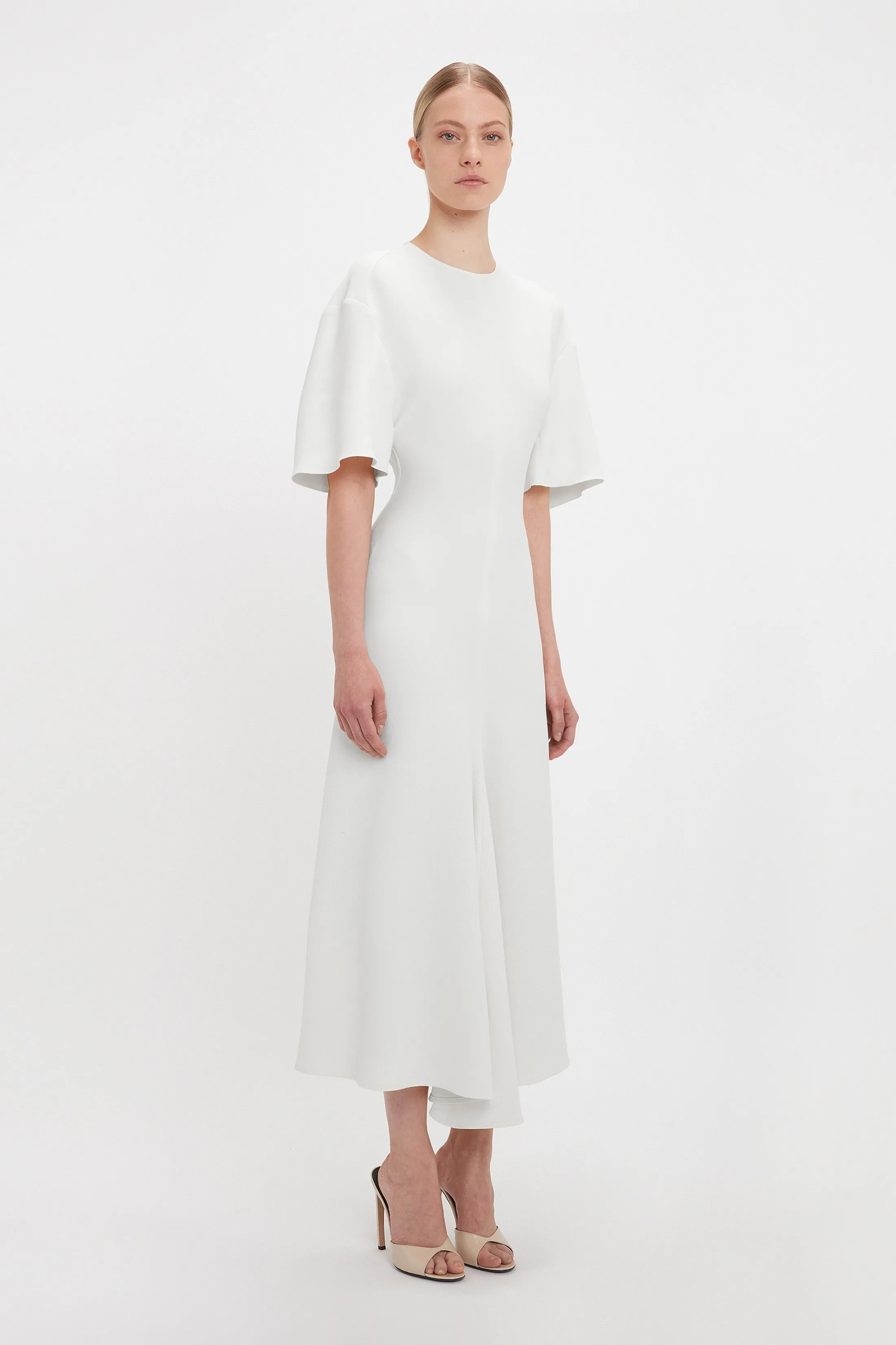 Exclusive Short Sleeve Drop Shoulder Midi Dress In Ivory