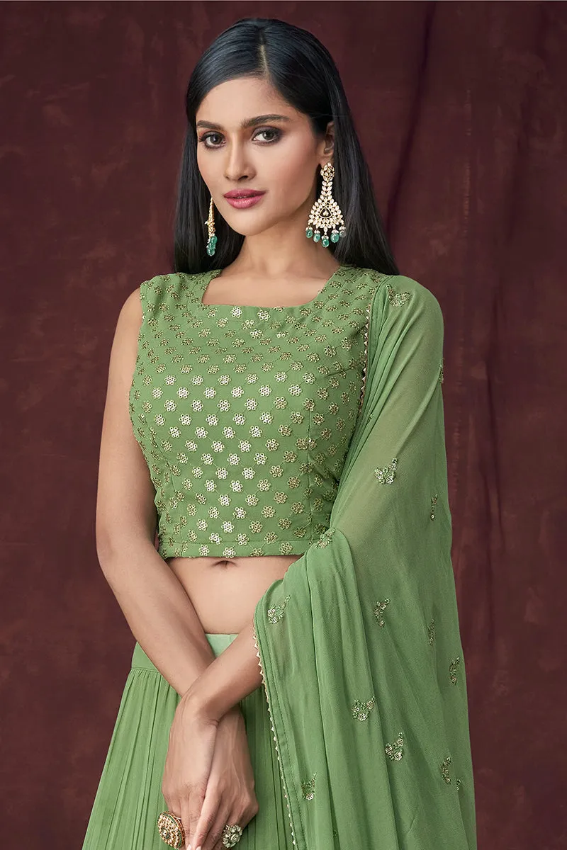 Fancy Fabric Green Jacket Style Designer Lehenga Suit