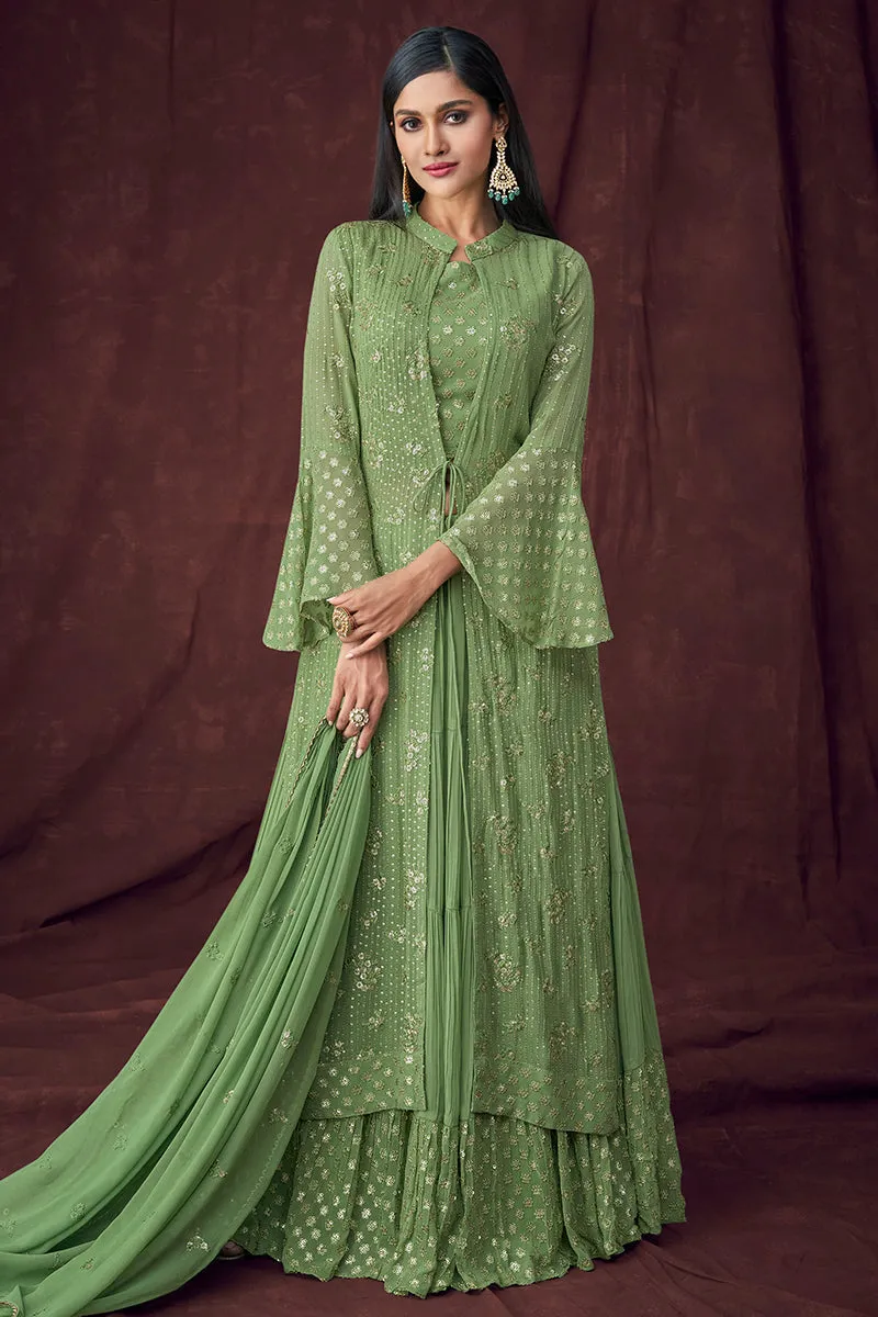 Fancy Fabric Green Jacket Style Designer Lehenga Suit