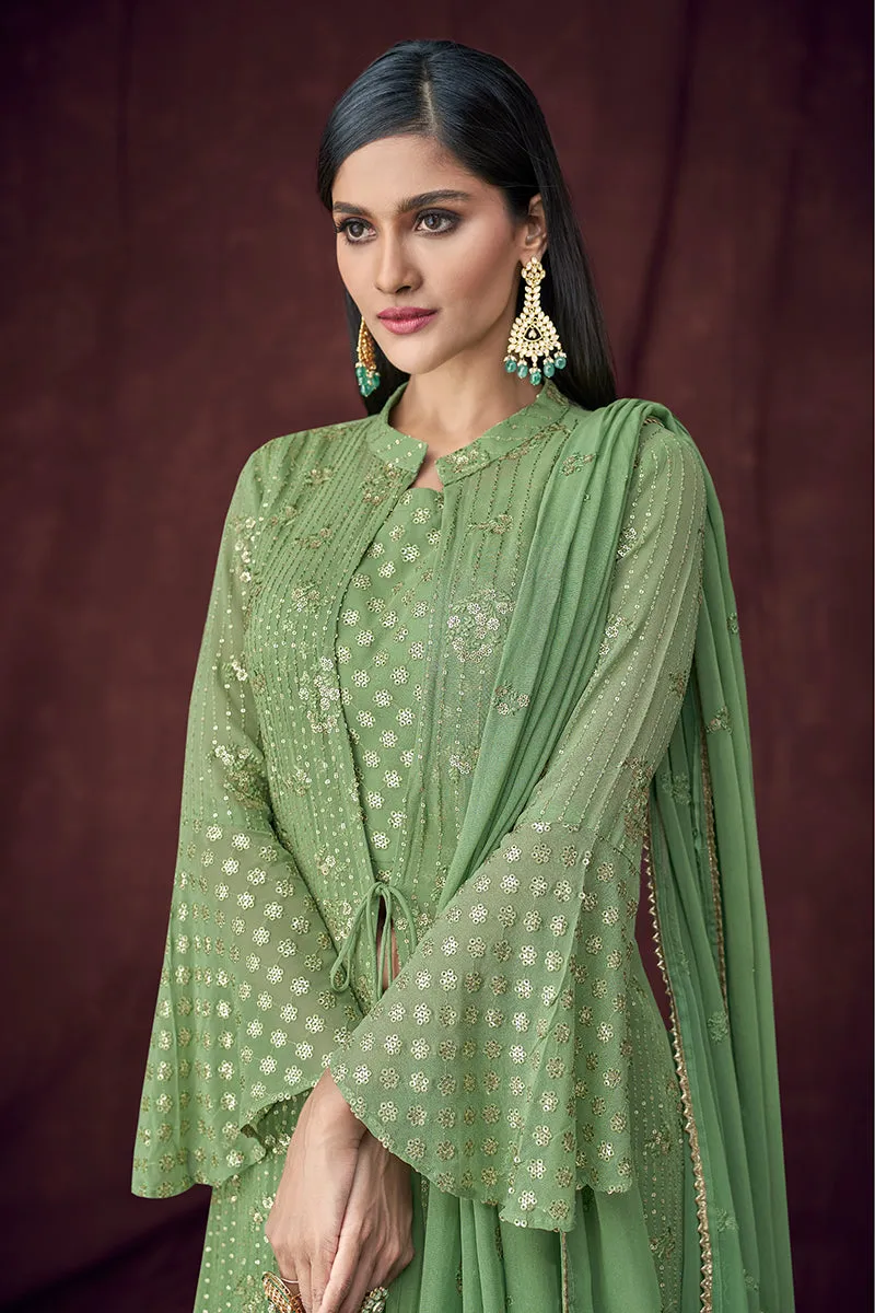 Fancy Fabric Green Jacket Style Designer Lehenga Suit