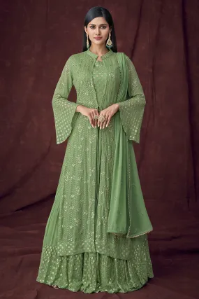 Fancy Fabric Green Jacket Style Designer Lehenga Suit