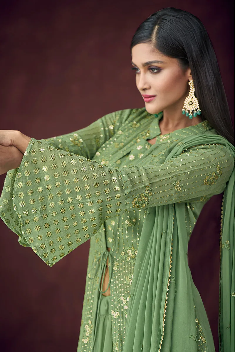 Fancy Fabric Green Jacket Style Designer Lehenga Suit