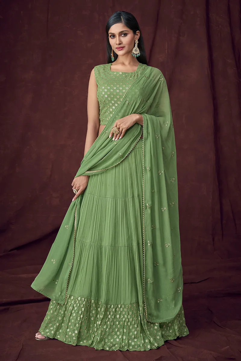 Fancy Fabric Green Jacket Style Designer Lehenga Suit