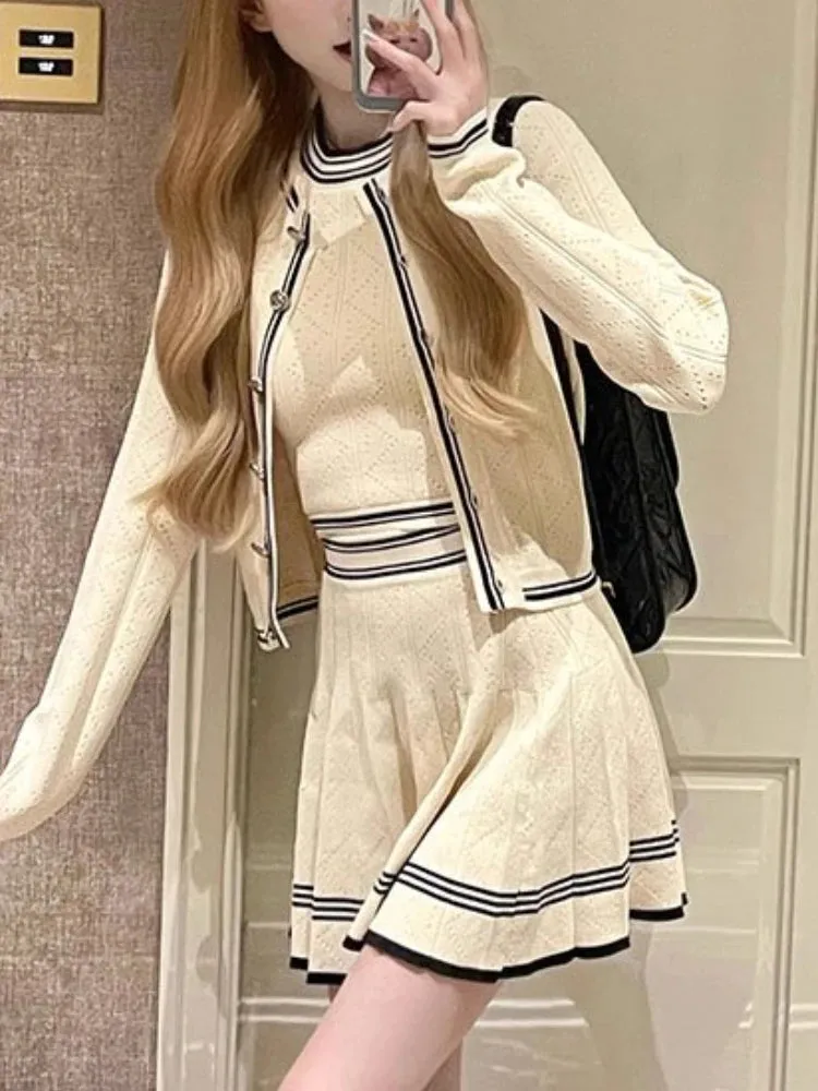 Fashionkova Elegant Fashion 3 Piece Set Women Korean Vintage Party Knitted Skirt Set Female Button Designer Casual Skirt Suit 2023 Autumn