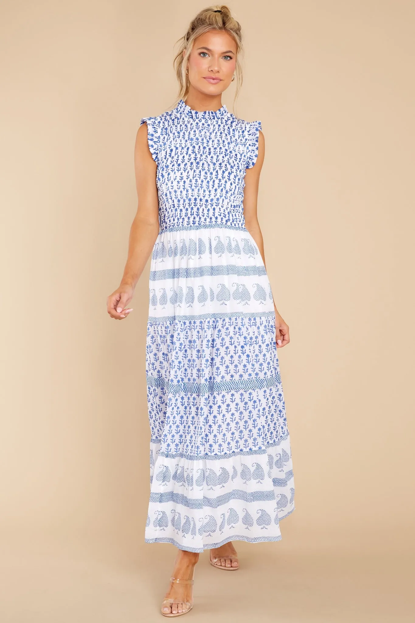 Flora Blue Sleeveless Smocked Maxi Dress