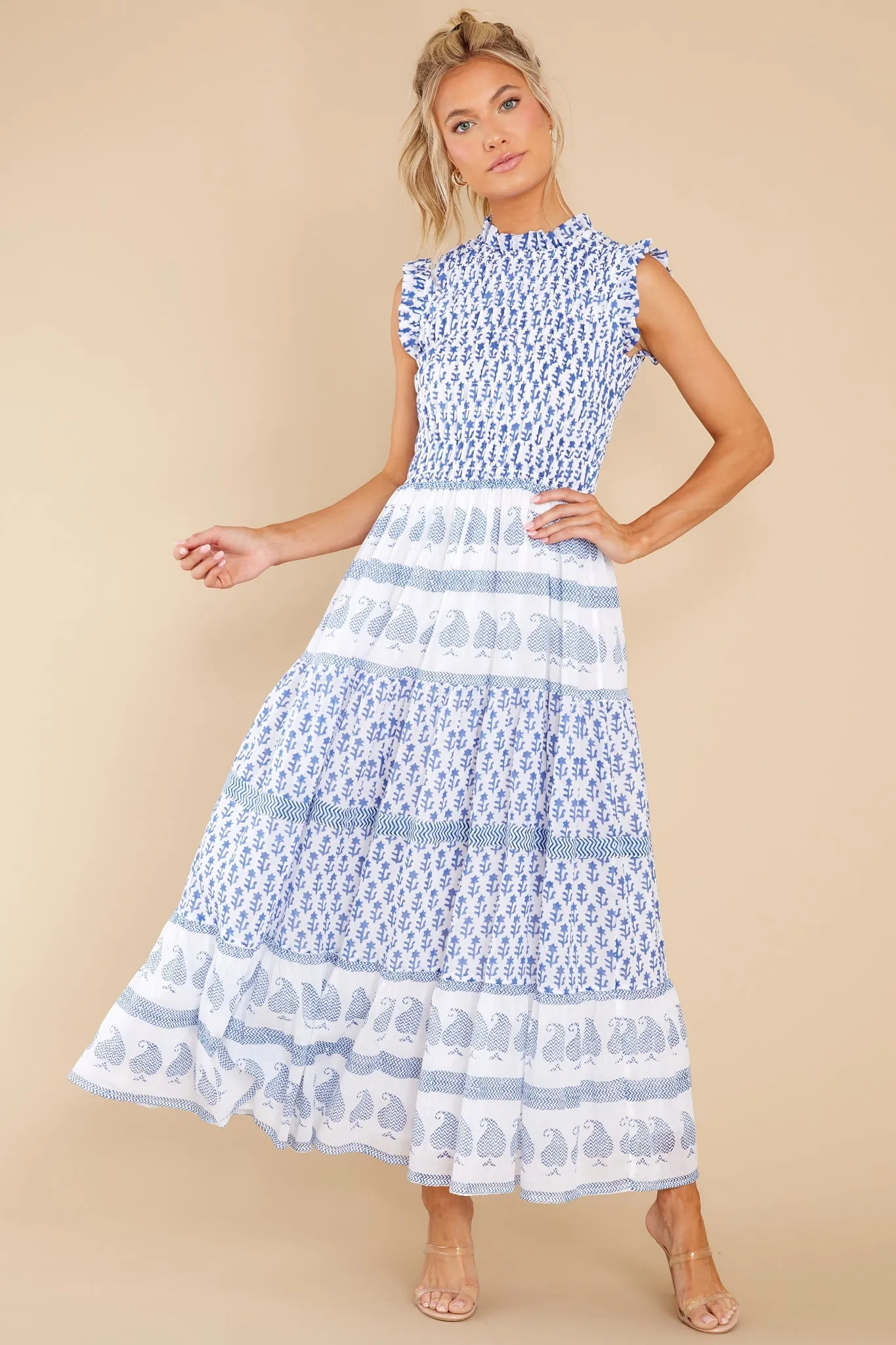 Flora Blue Sleeveless Smocked Maxi Dress