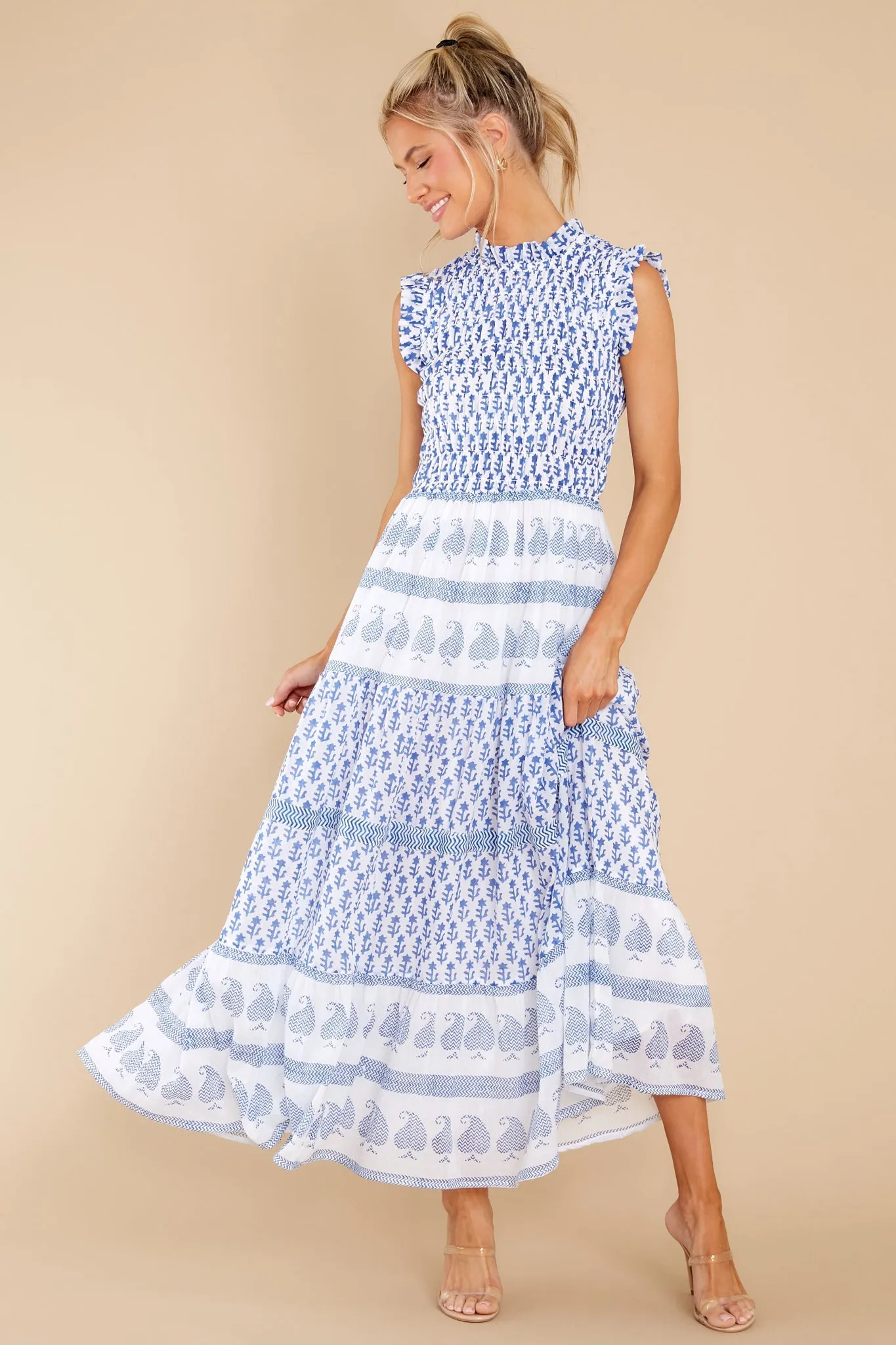 Flora Blue Sleeveless Smocked Maxi Dress