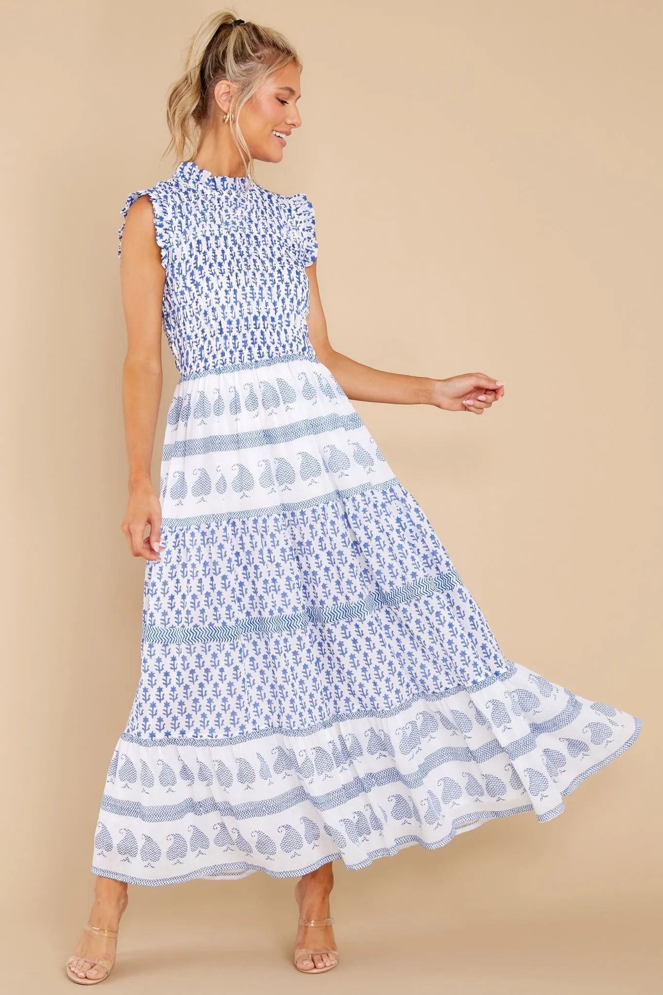 Flora Blue Sleeveless Smocked Maxi Dress