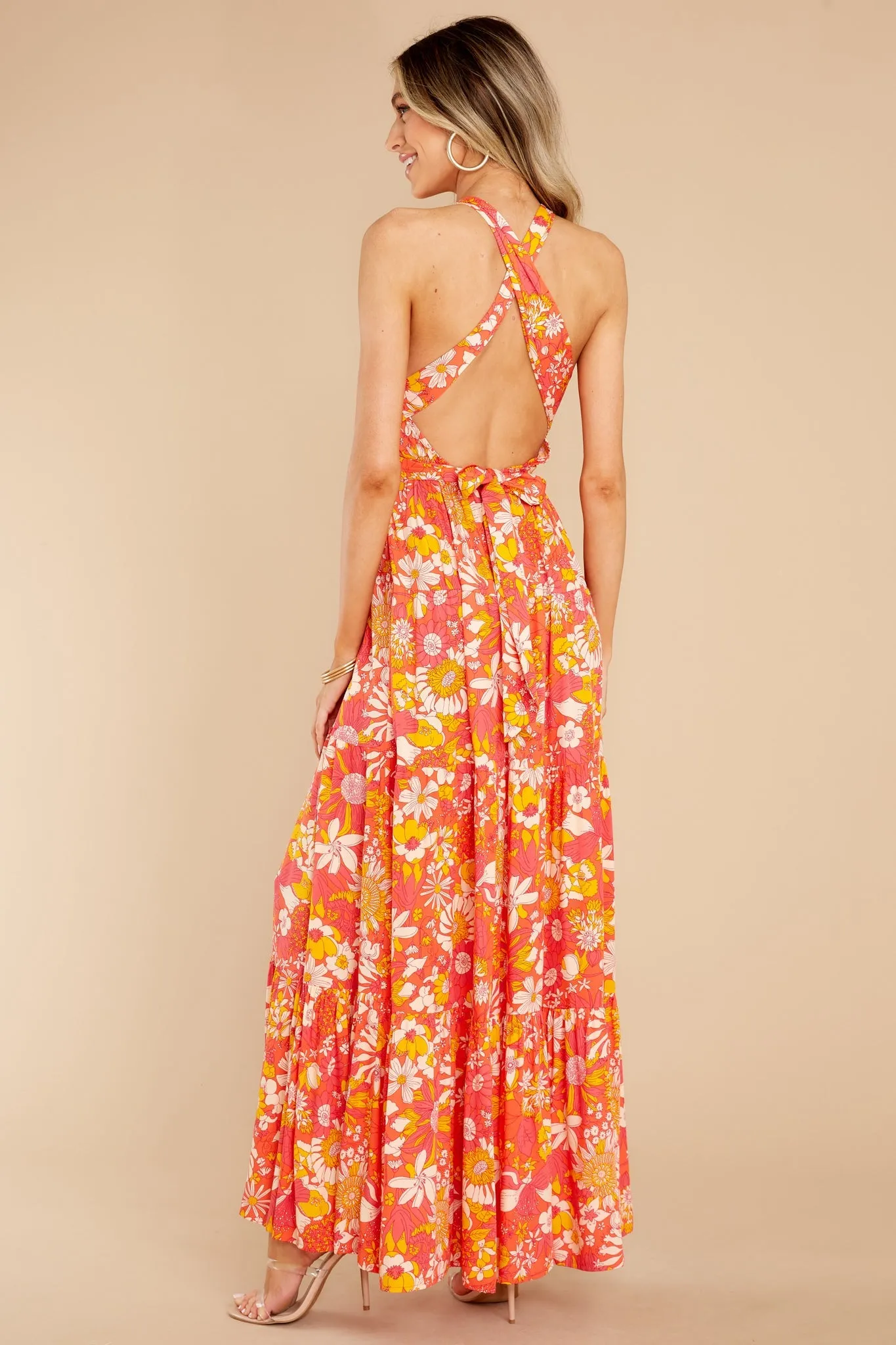 Floral Fantasy Coral Multi Print Maxi Dress