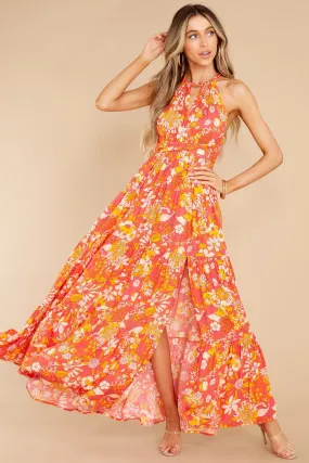 Floral Fantasy Coral Multi Print Maxi Dress