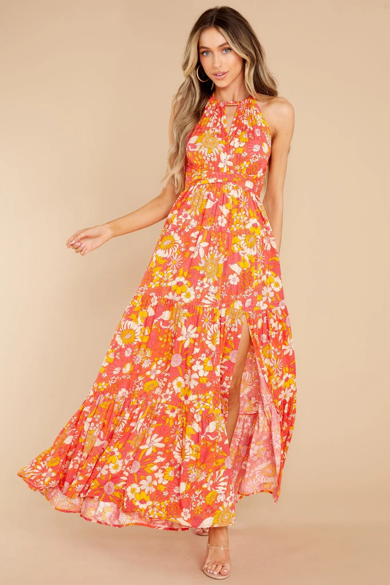 Floral Fantasy Coral Multi Print Maxi Dress