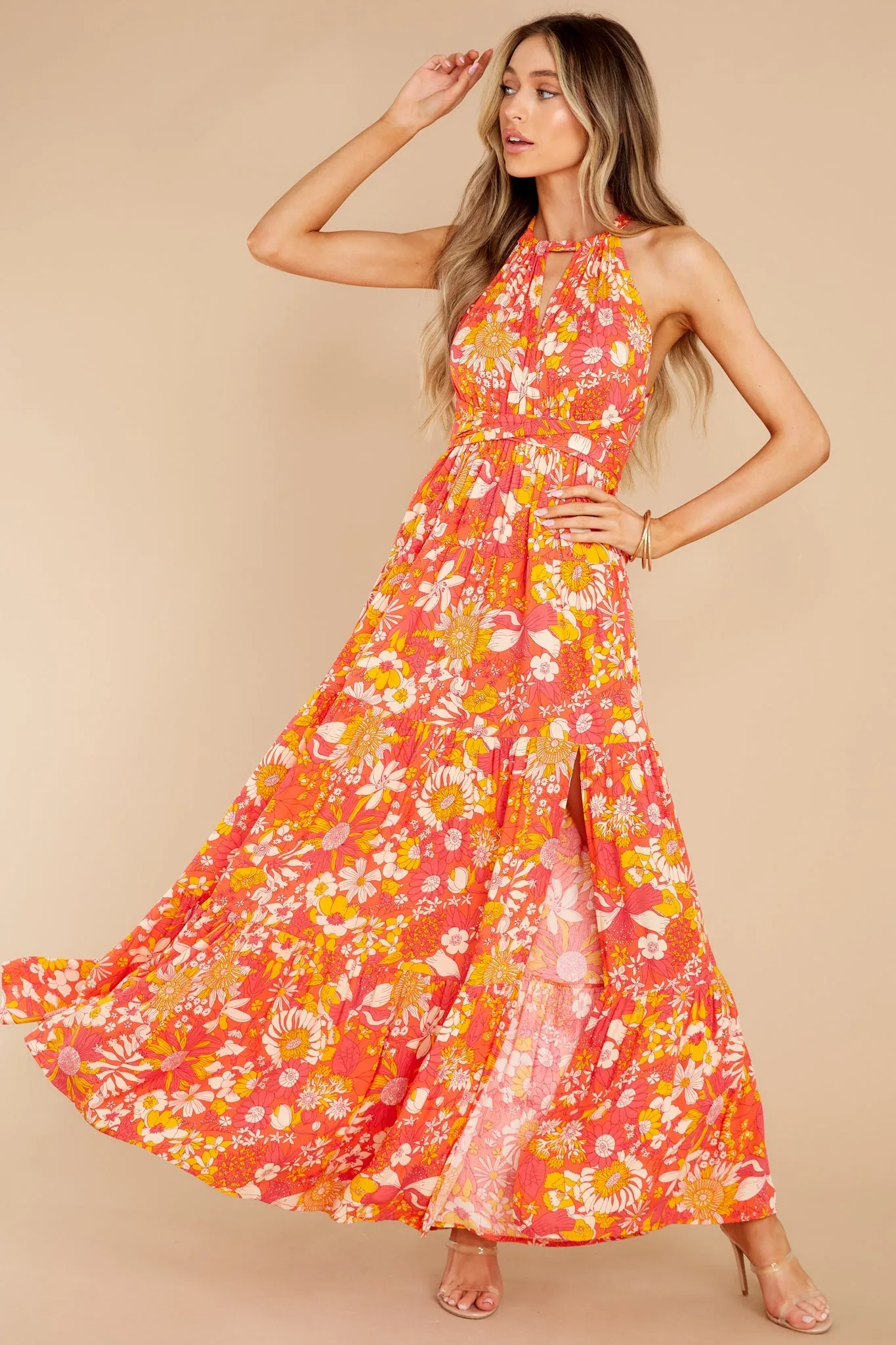 Floral Fantasy Coral Multi Print Maxi Dress