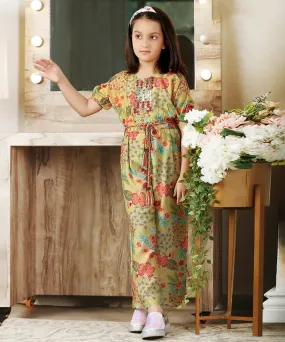 Floral Printed Jumpsuit with Mirror Detailing for Girls