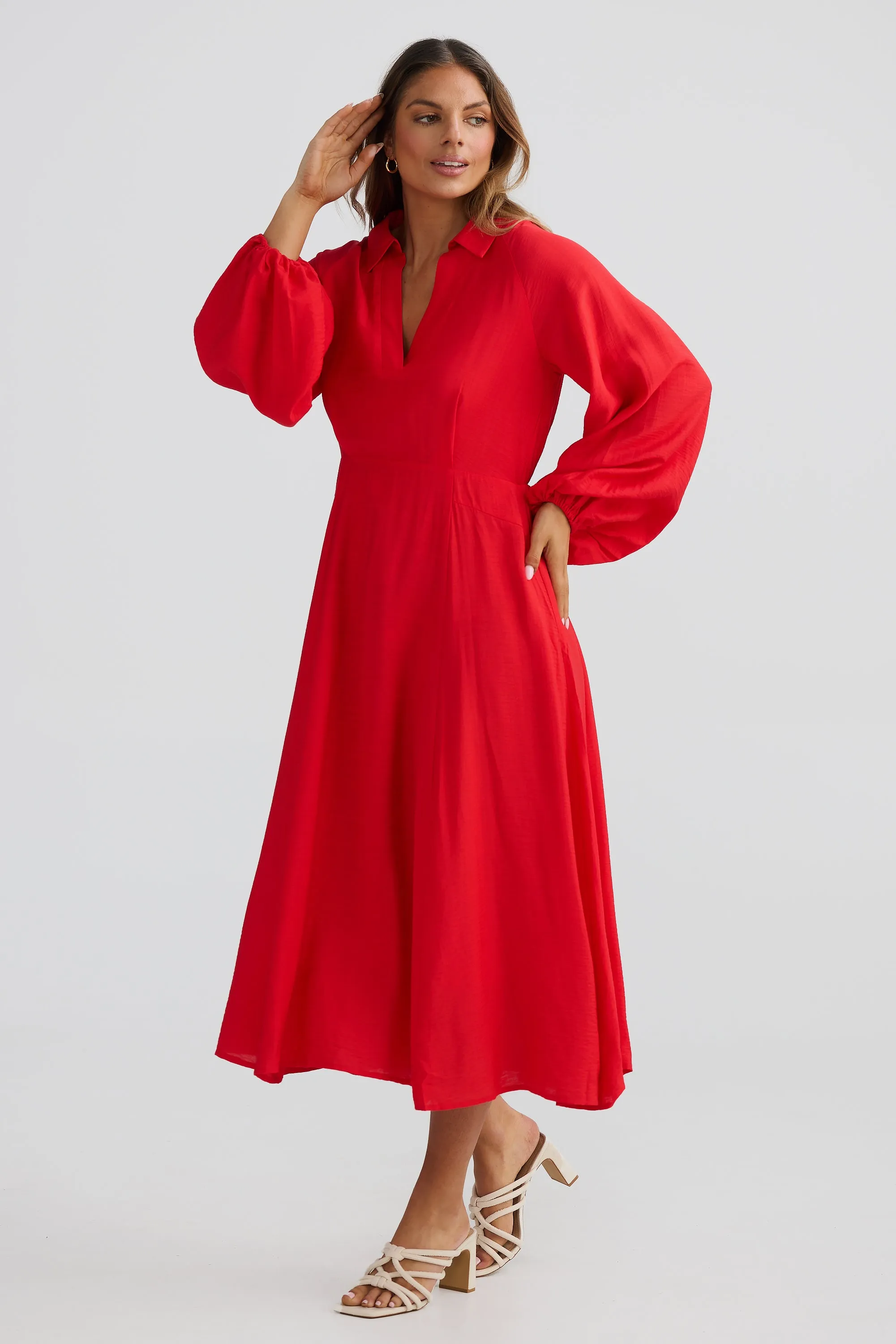 Fold Collar Midi Dress - Scarlet