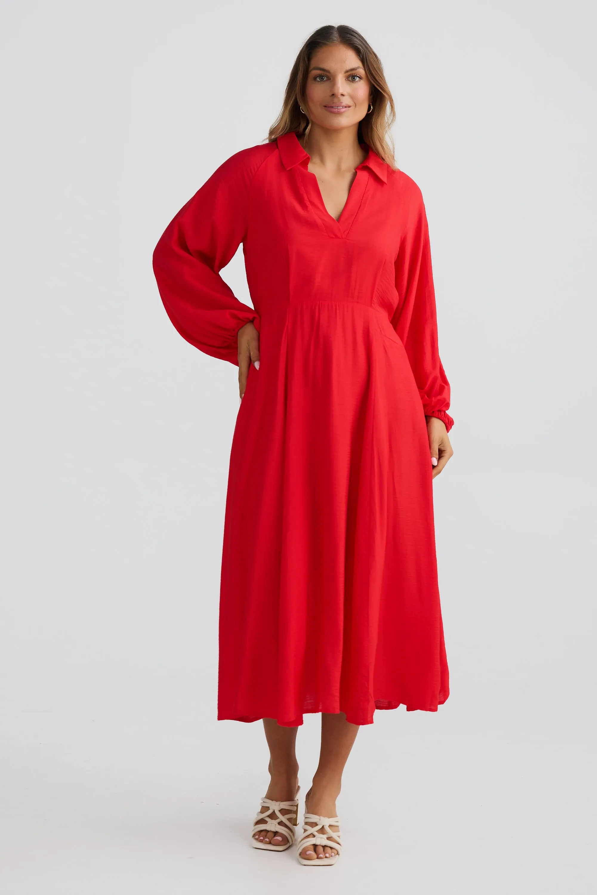 Fold Collar Midi Dress - Scarlet