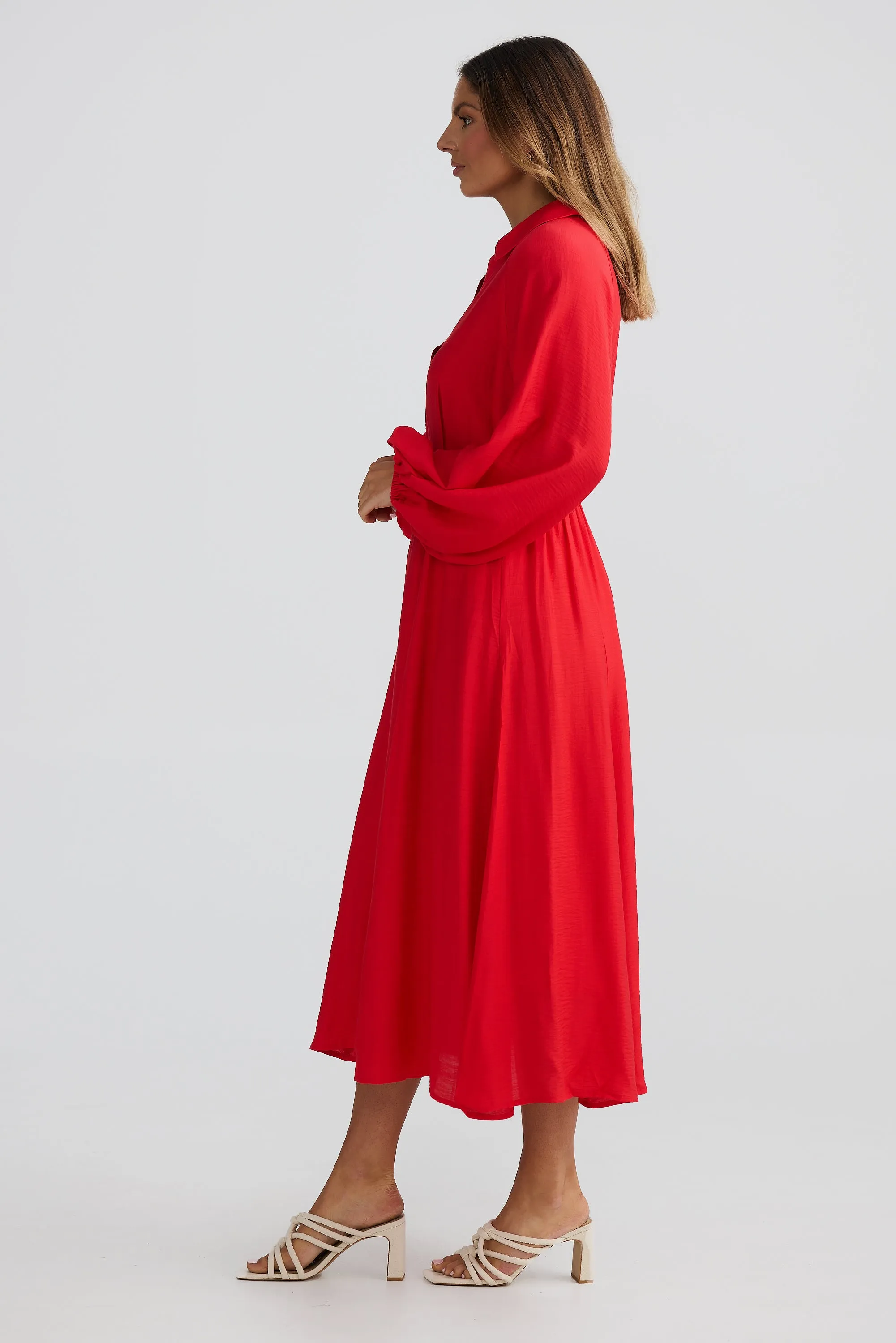 Fold Collar Midi Dress - Scarlet