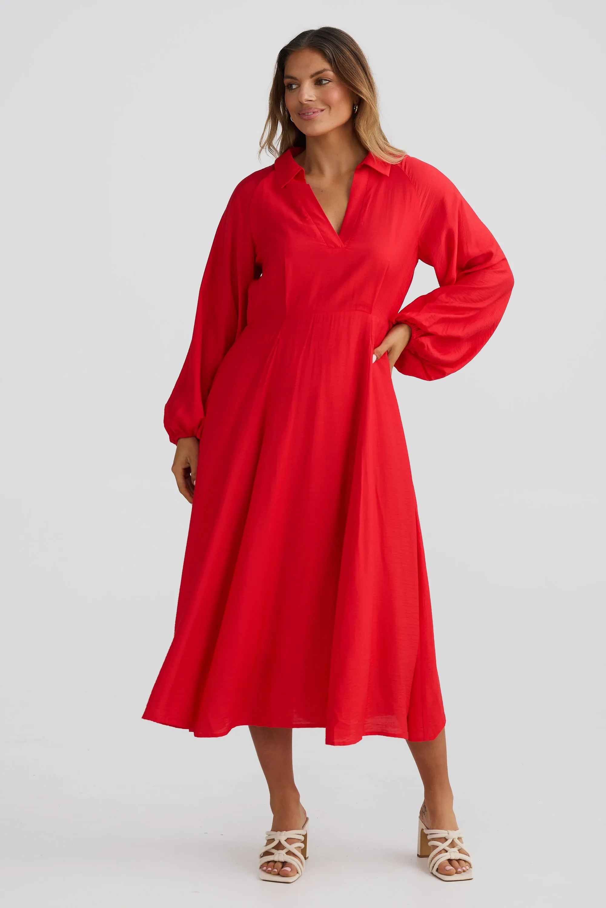 Fold Collar Midi Dress - Scarlet