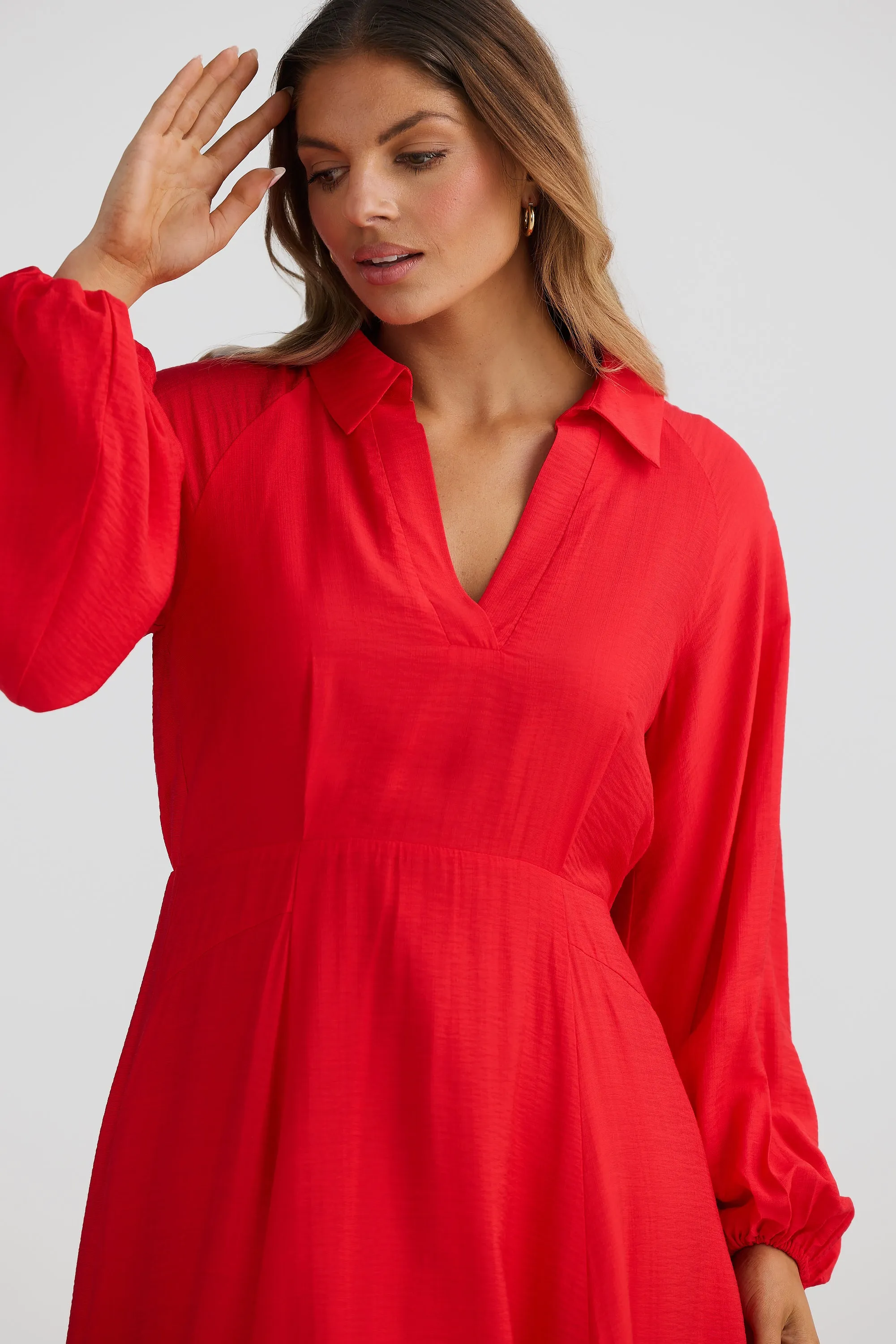 Fold Collar Midi Dress - Scarlet