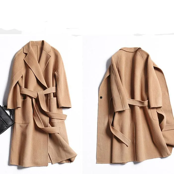 Free Shipping Camel Cashmere Wool Trench Overcoat Womens